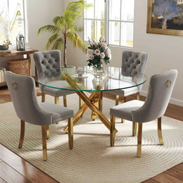 5-Piece Round Glass Dining Table Set (Gray/Gold)