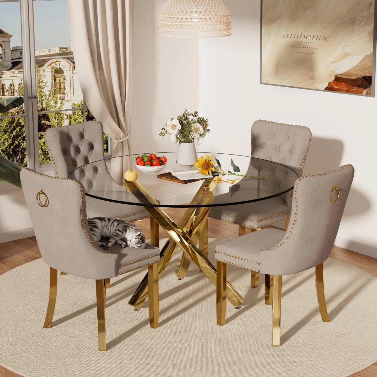5-Piece Round Glass Dining Table Set (Gray/Gold)