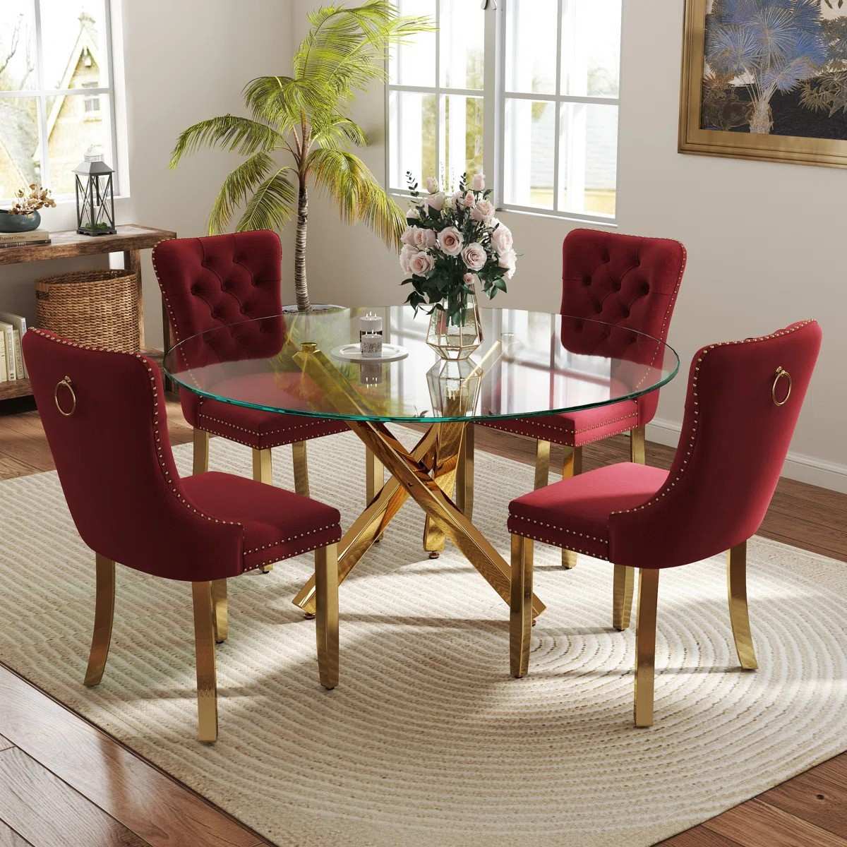 5-Piece Round Glass Dining Table Set (Burgundy/Gold)