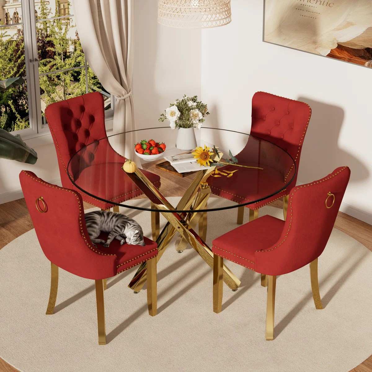 5-Piece Round Glass Dining Table Set (Burgundy/Gold)