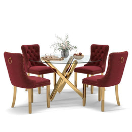 5-Piece Round Glass Dining Table Set (Burgundy/Gold)