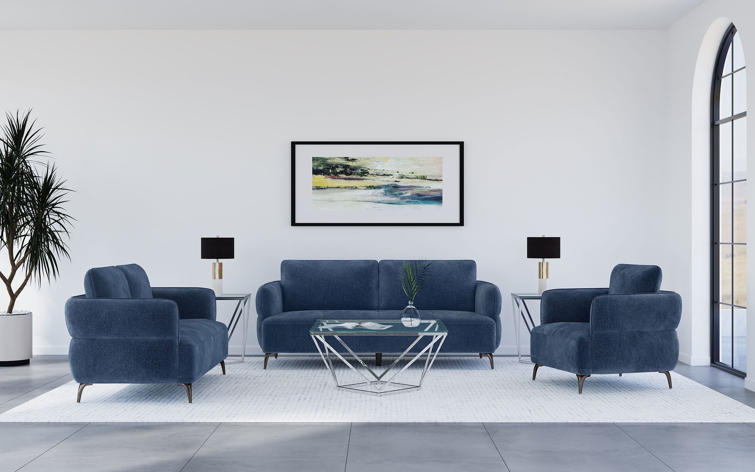 Lively Chenille Upholstered Sofa Set Blue