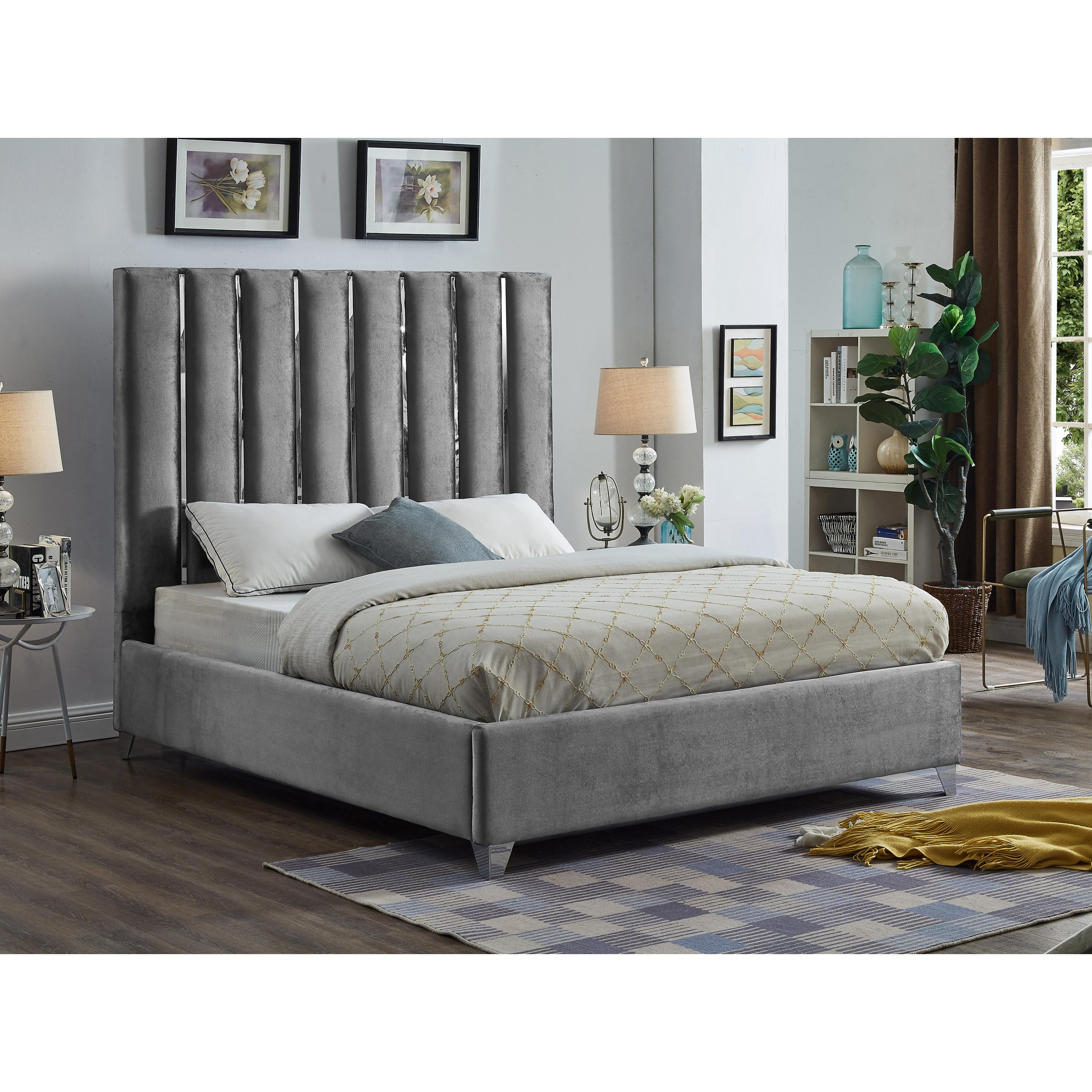 Meridian Enzo Grey Velvet Queen Bed