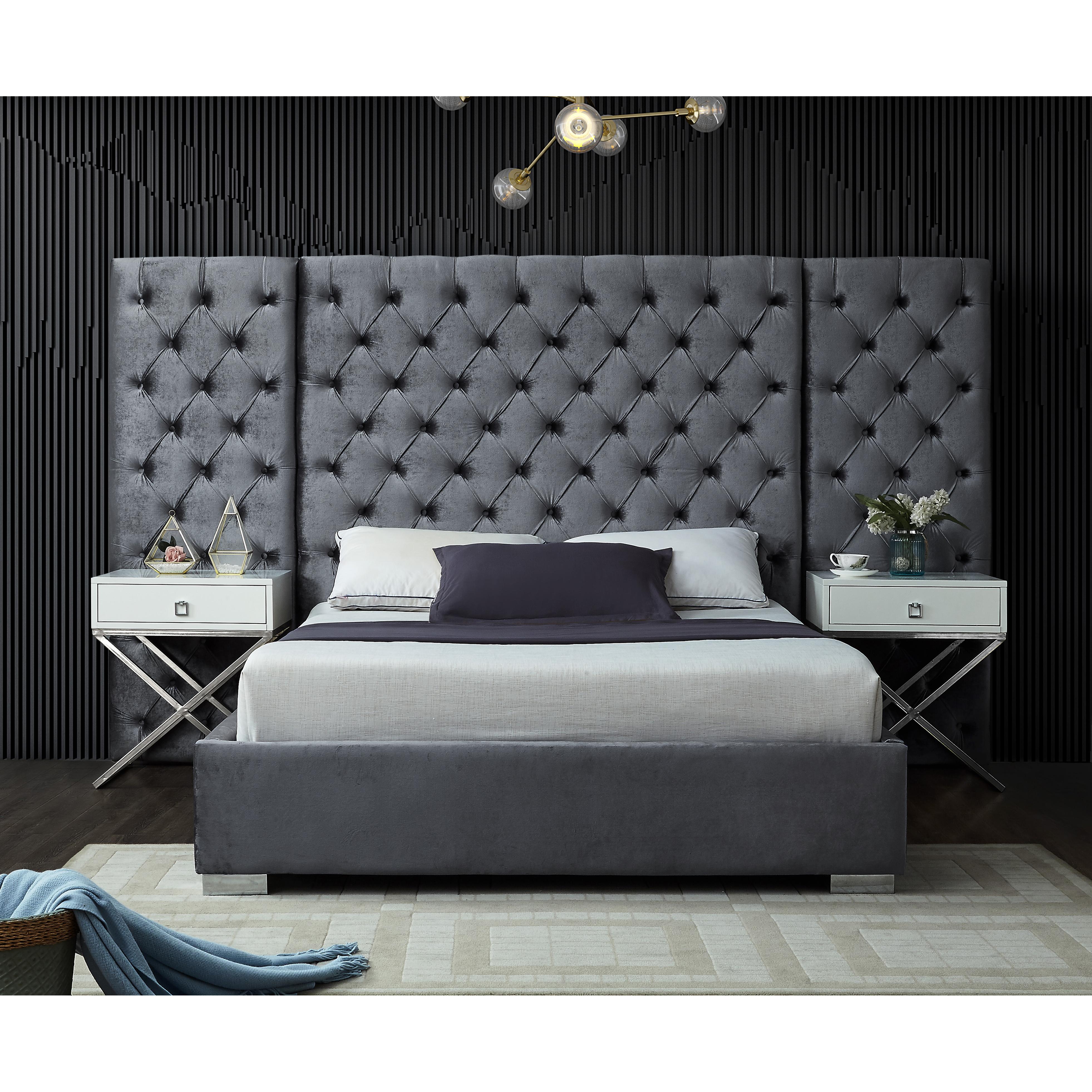 Meridian Grande Grey Velvet Queen Bed (3 Boxes)