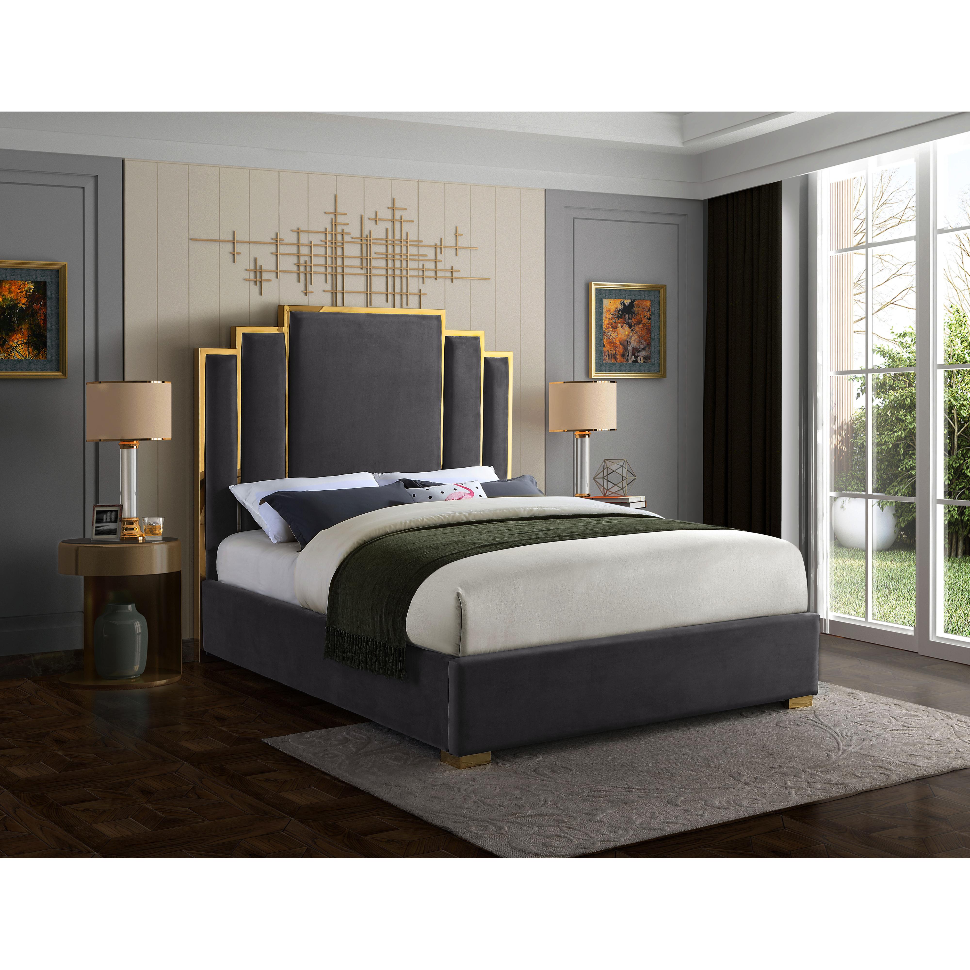 Meridian Hugo Grey Velvet Queen Bed