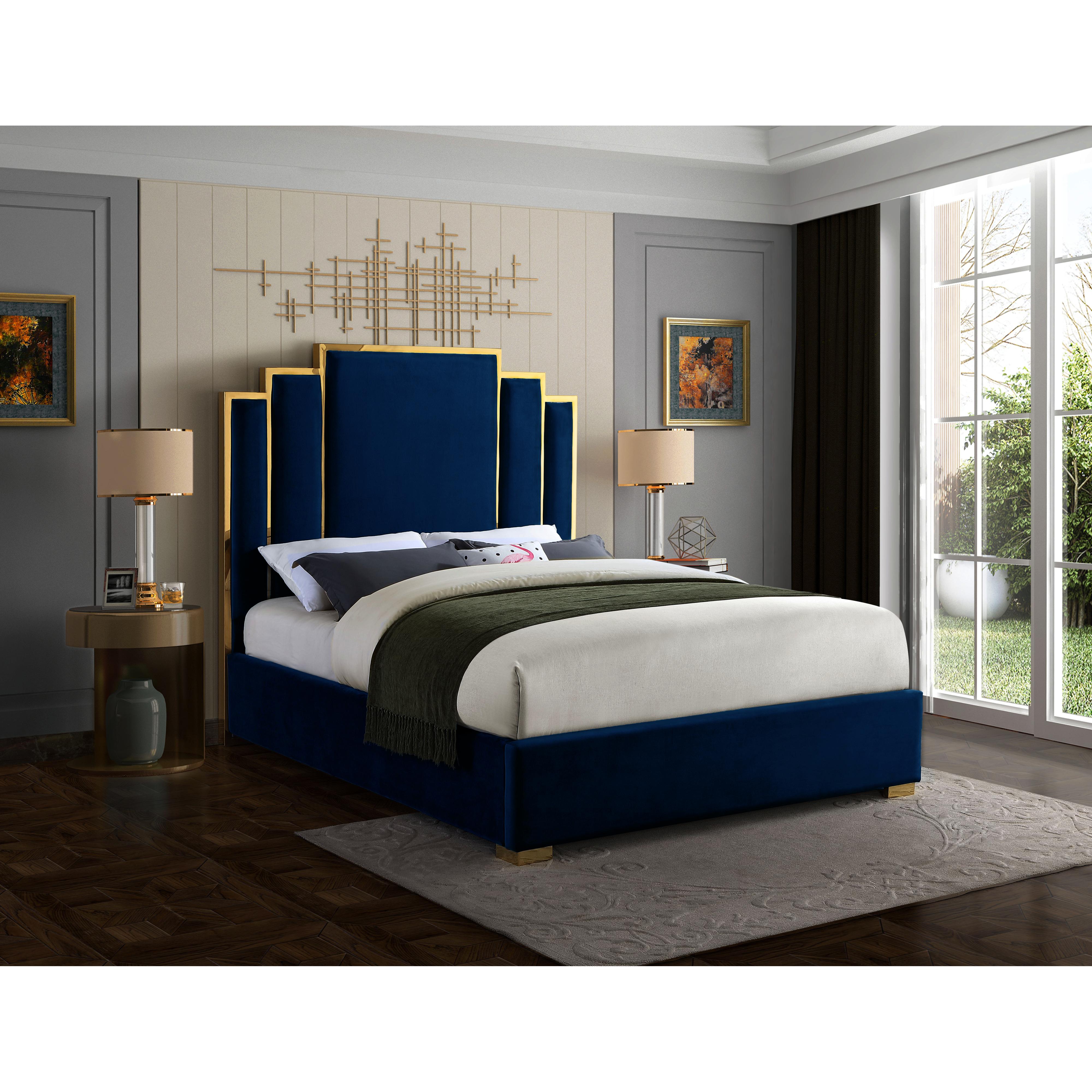 Meridian Hugo Navy Velvet Queen Bed