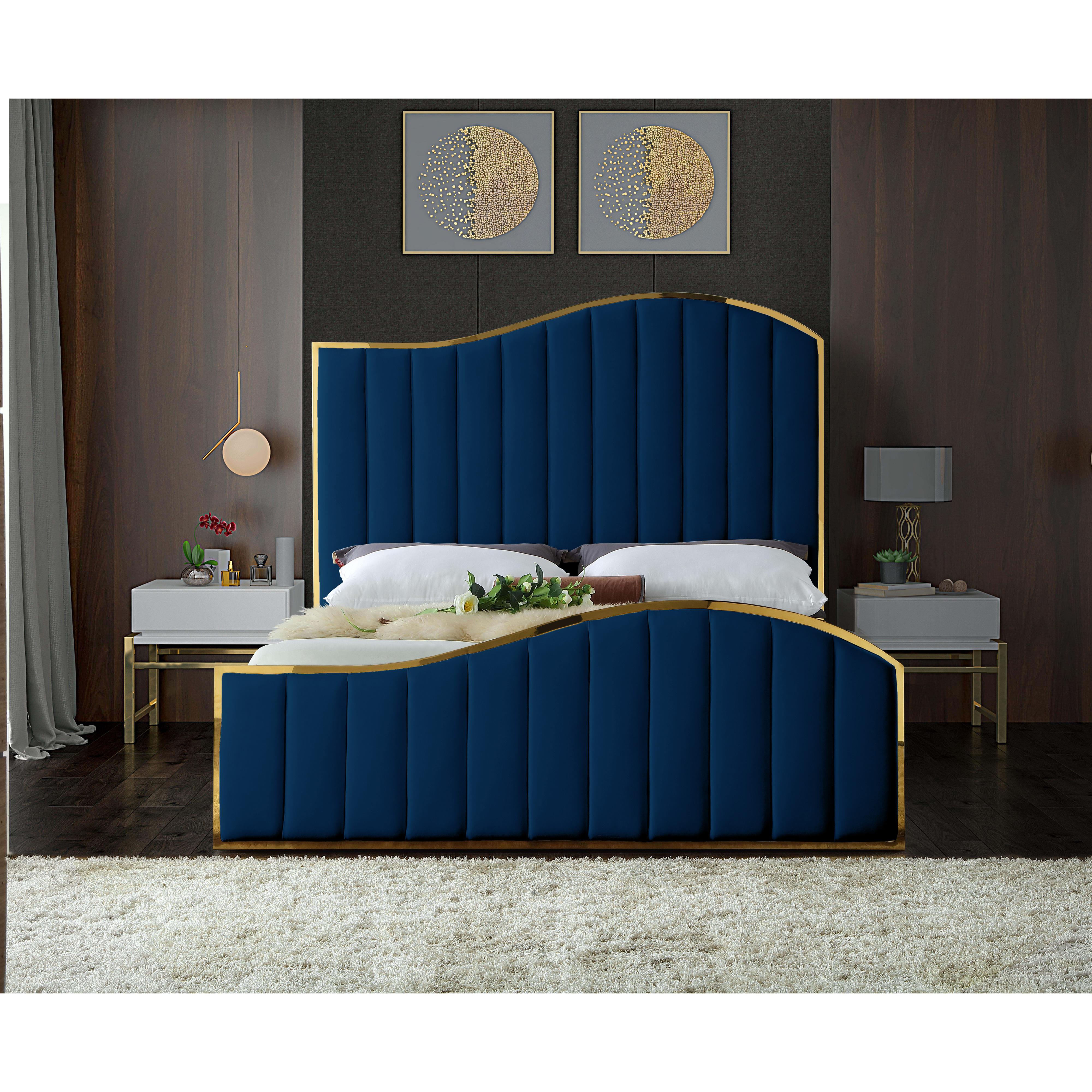 Meridian Jolie Navy Velvet Queen Bed (3 Boxes)