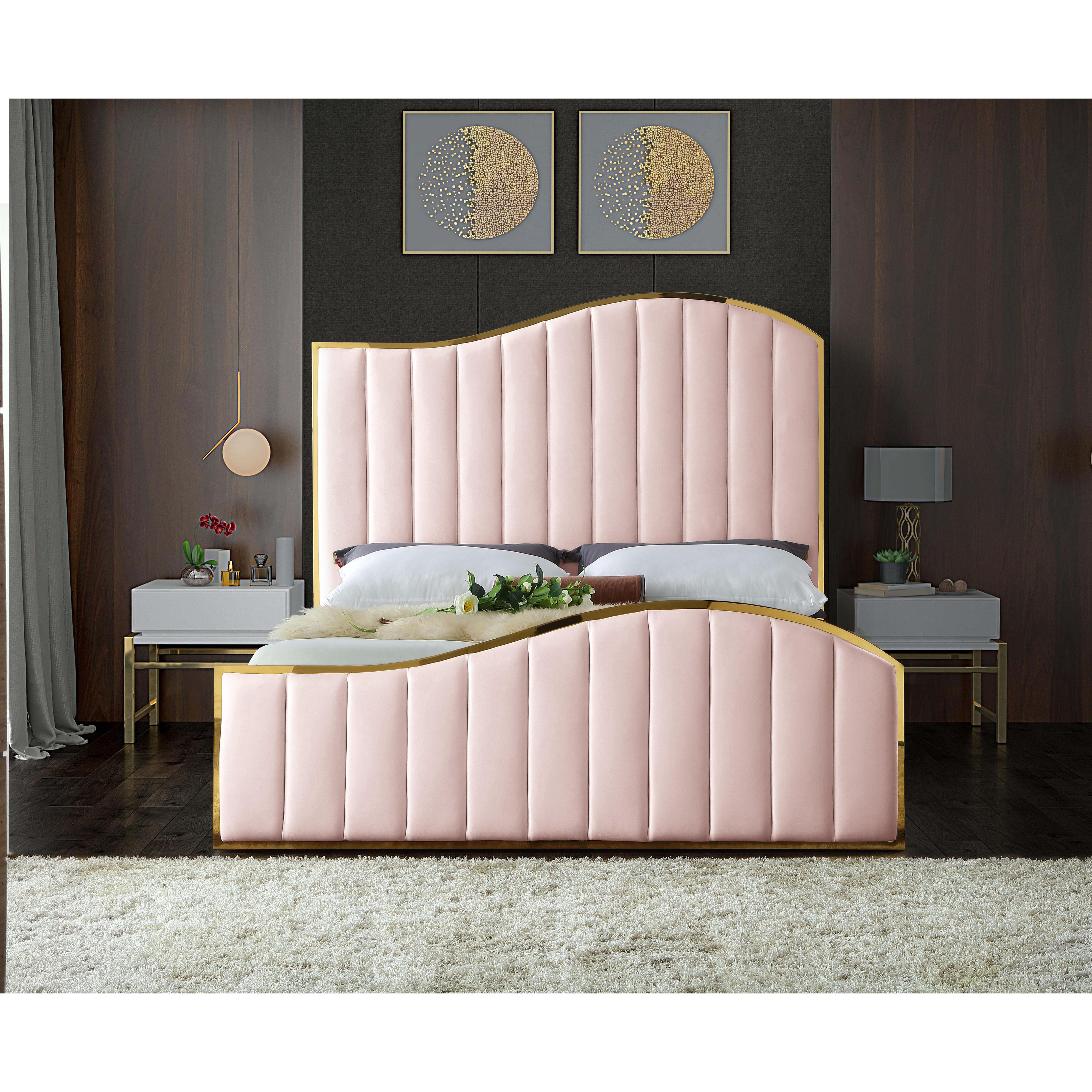 Meridian Jolie Pink Velvet Queen Bed (3 Boxes)