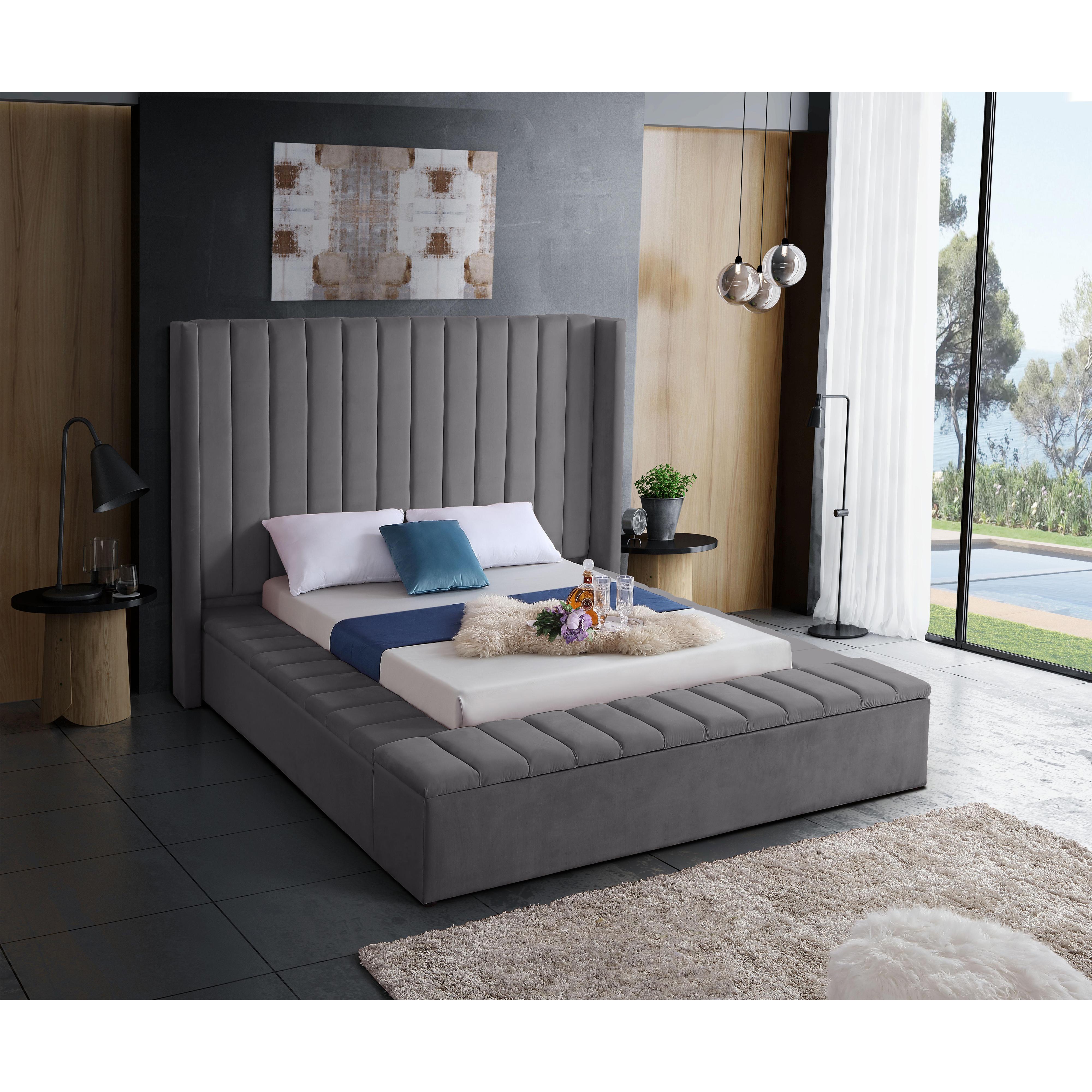 Meridian Kiki Grey Velvet King Bed (3 Boxes)