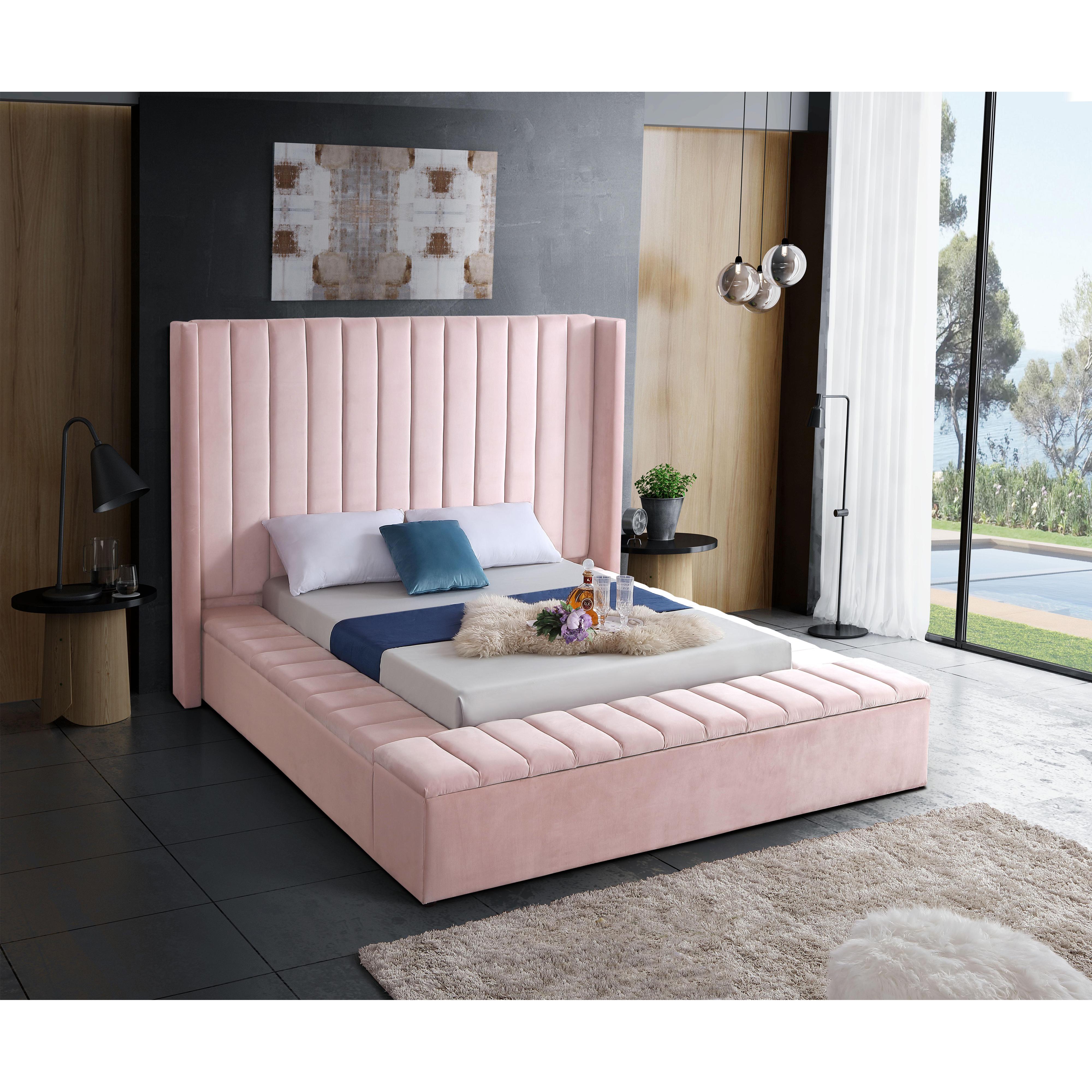 Meridian Kiki Pink Velvet King Bed (3 Boxes)
