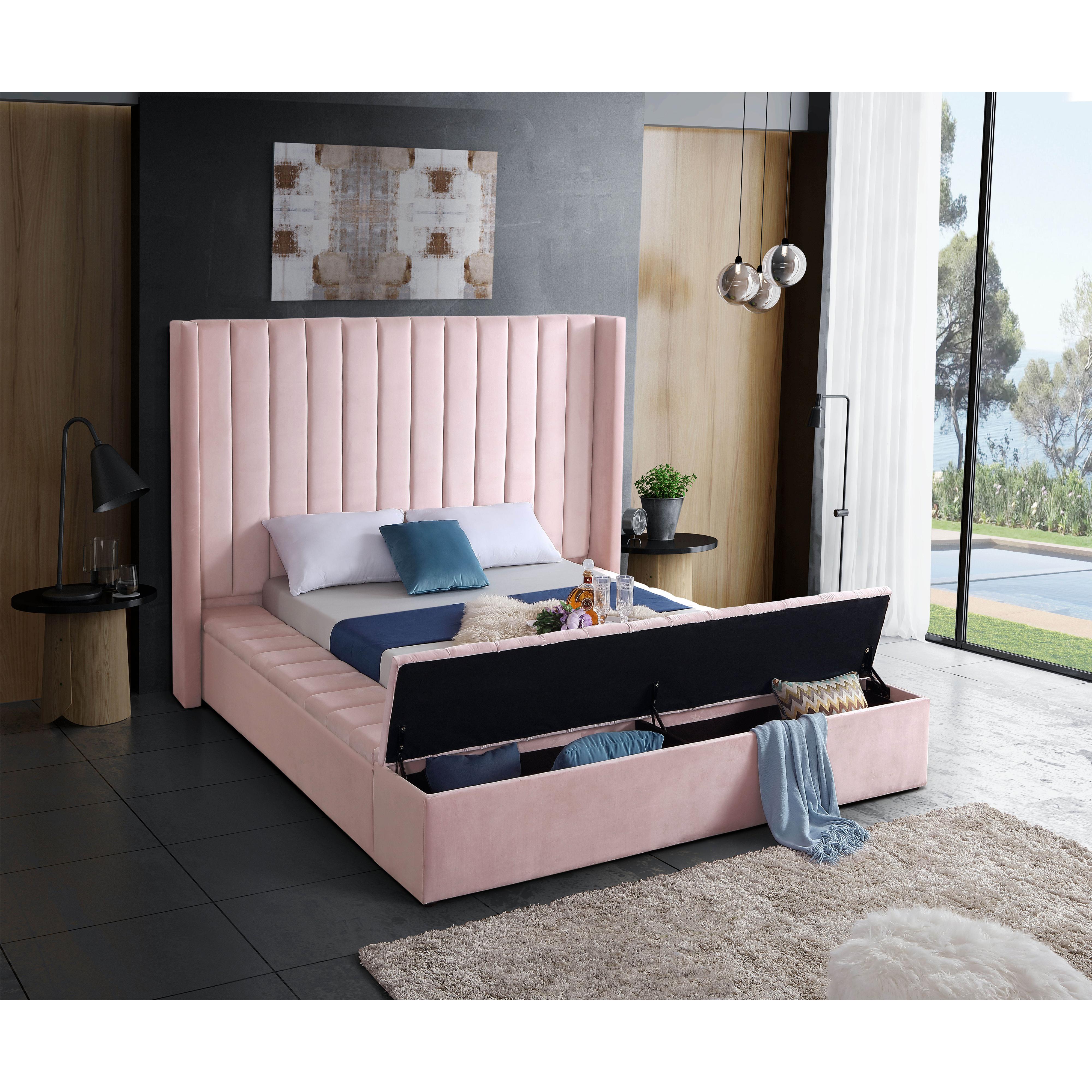 Meridian Kiki Pink Velvet King Bed (3 Boxes)