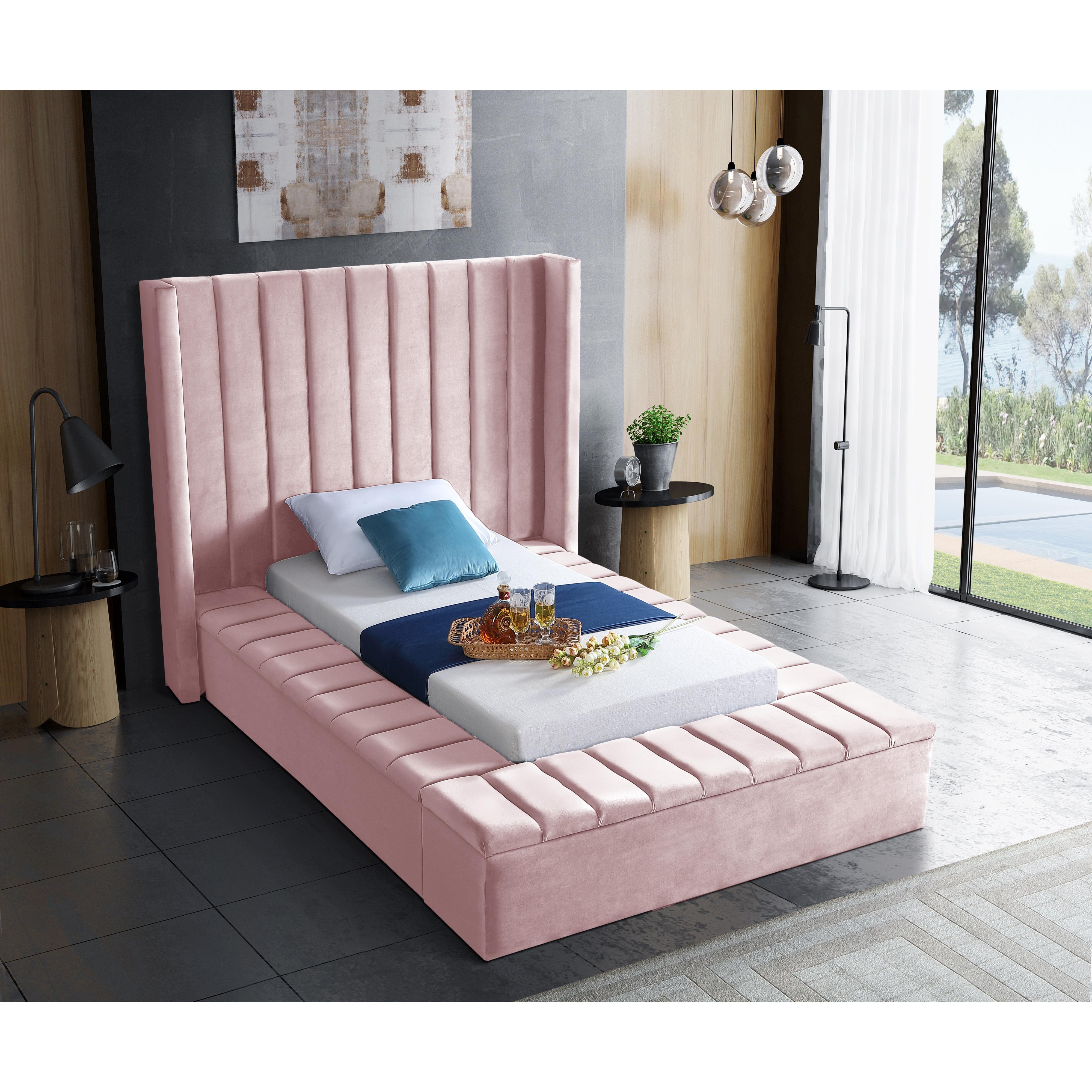 Meridian Kiki Pink Velvet Twin Bed (3 Boxes)