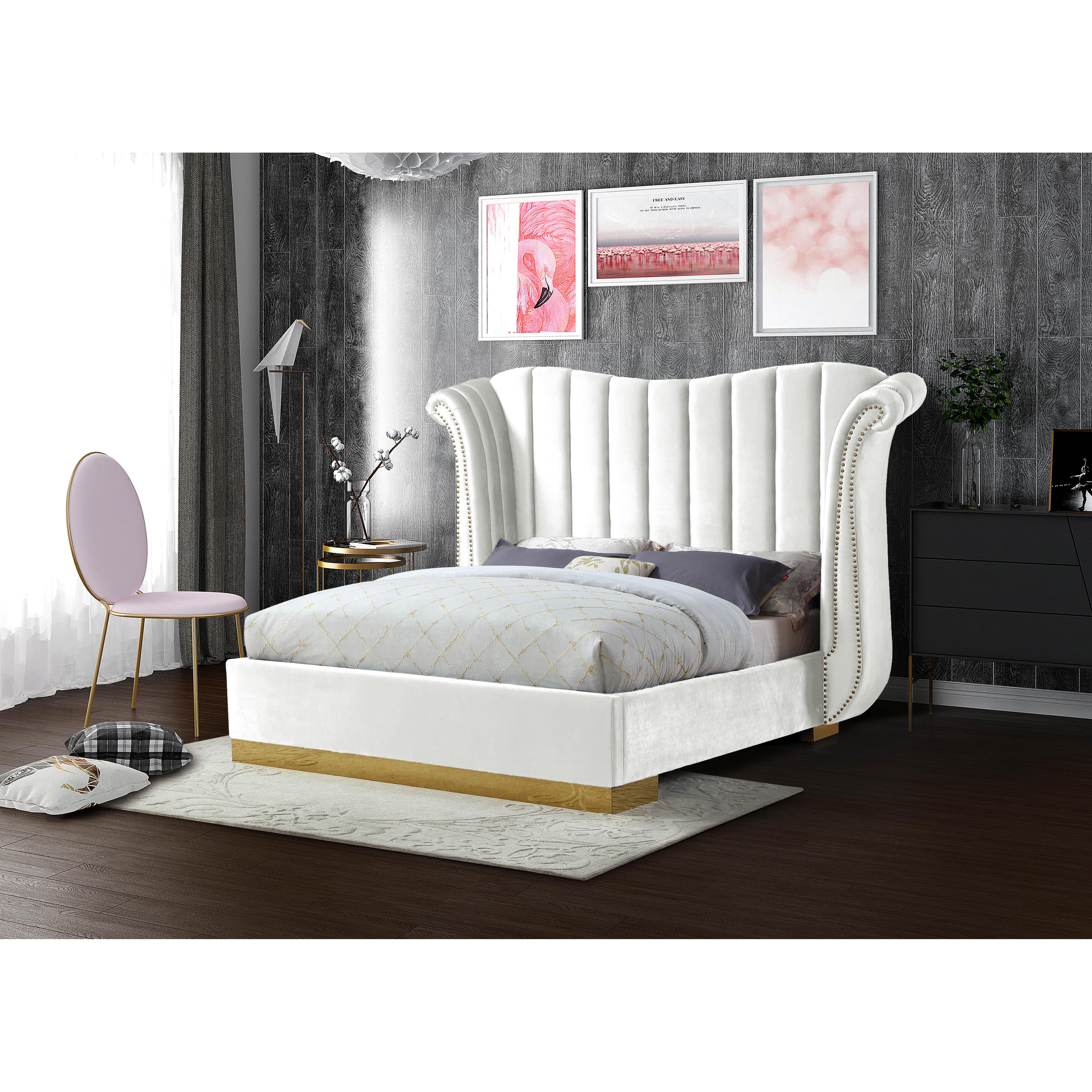 Meridian Flora White Velvet King Bed (3 Boxes)