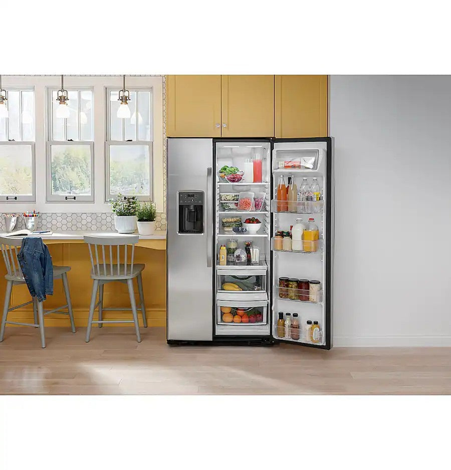 GE - 36 in. Wide 25.3 Cu. Ft. Side-by-Side Refrigerator with External Ice & Water Dispenser - Stainless Steel