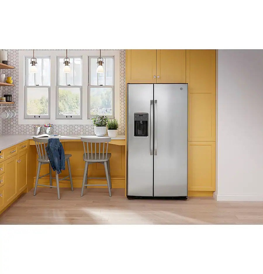 GE - 36 in. Wide 25.3 Cu. Ft. Side-by-Side Refrigerator with External Ice & Water Dispenser - Stainless Steel