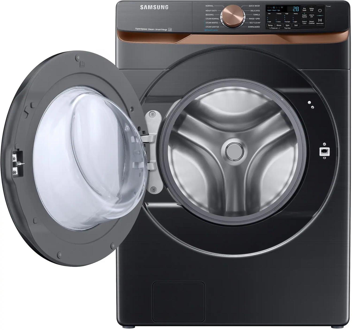 Package - Samsung - 5.0 Cu. Ft. High-Efficiency Stackable Smart Front Load Washer with Steam and Super Speed Wash and 7.5 Cu. Ft. Stackable Smart Electric Dryer with Steam and Sensor Dry - Brushed Black
