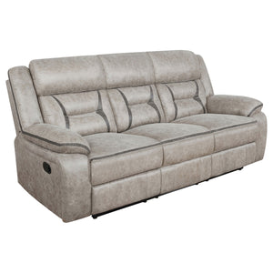Greer Upholstered Motion Reclining Sofa Brown