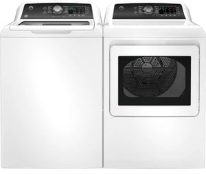 Package - GE - 4.5 Cu. Ft. Top Load Washer with Water Level Control, Deep Fill, Quick Wash, and Glass Lid and 7.4 Cu. Ft. Front Load Electric Dryer with Sensor Dry - White with Matte Black