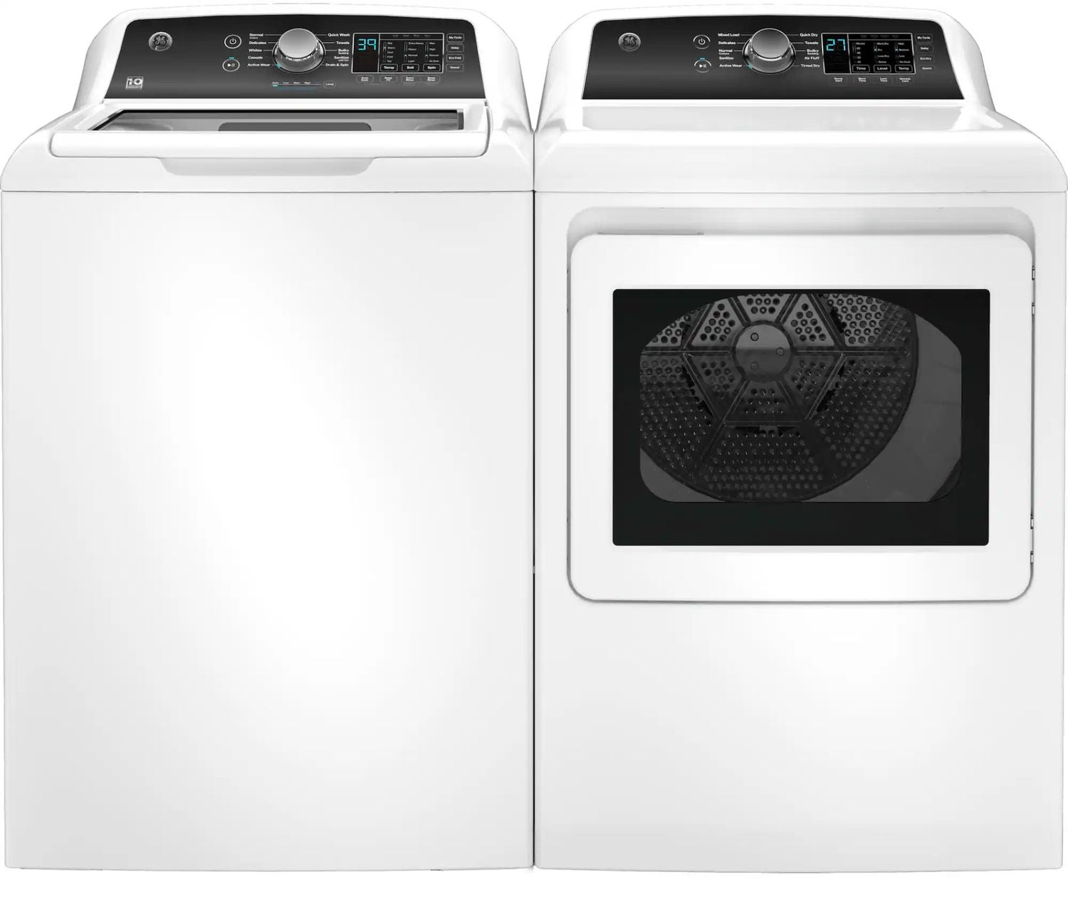 Package - GE - 4.5 Cu. Ft. Top Load Washer with Water Level Control, Deep Fill, Quick Wash, and Glass Lid and 7.4 Cu. Ft. Front Load Electric Dryer with Sensor Dry - White with Matte Black