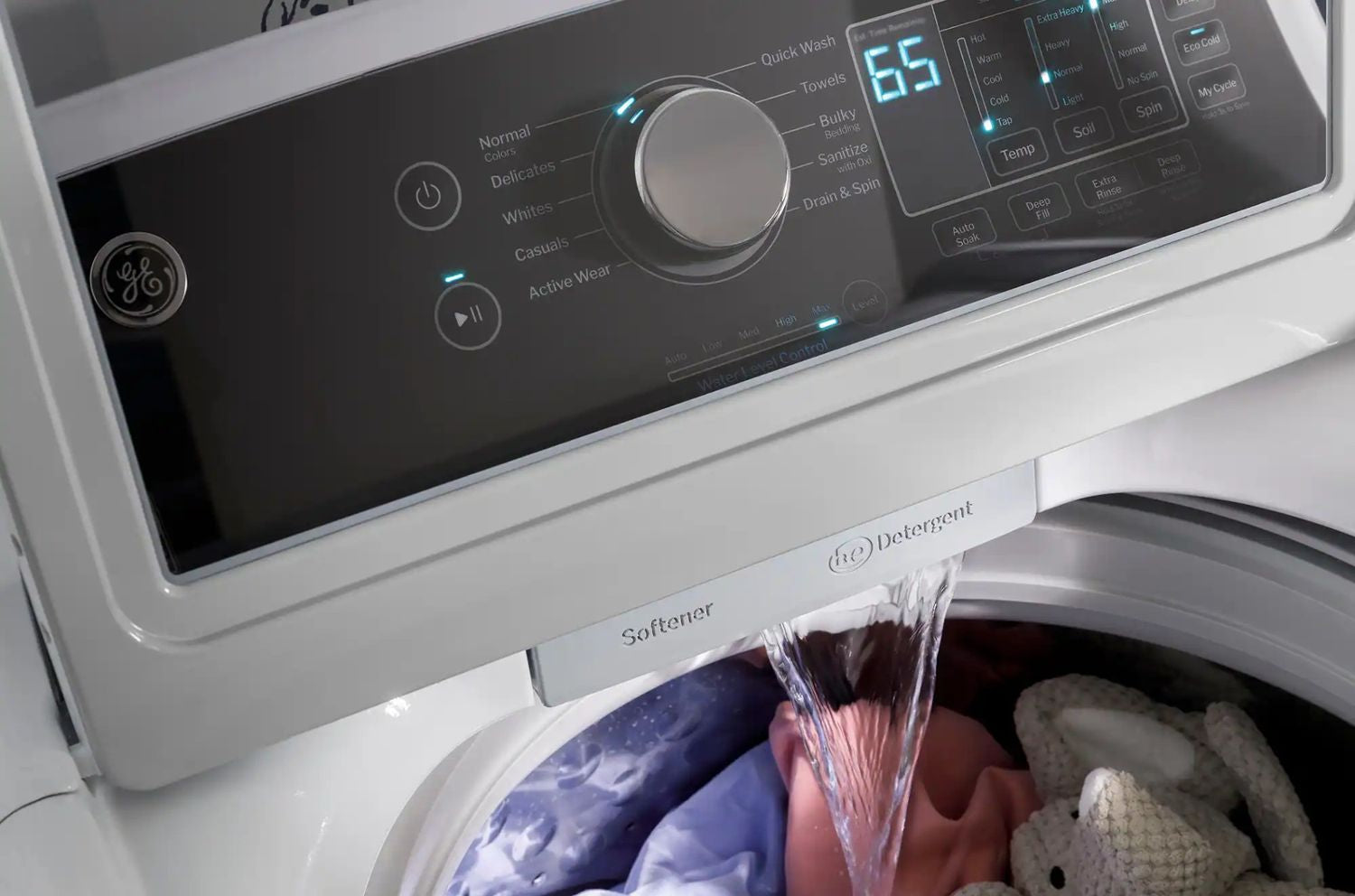 Package - GE - 4.5 Cu. Ft. Top Load Washer with Water Level Control, Deep Fill, Quick Wash, and Glass Lid and 7.4 Cu. Ft. Front Load Electric Dryer with Sensor Dry - White with Matte Black