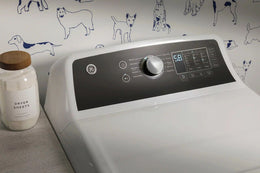 Package - GE - 4.5 Cu. Ft. Top Load Washer with Water Level Control, Deep Fill, Quick Wash, and Glass Lid and 7.4 Cu. Ft. Front Load Electric Dryer with Sensor Dry - White with Matte Black