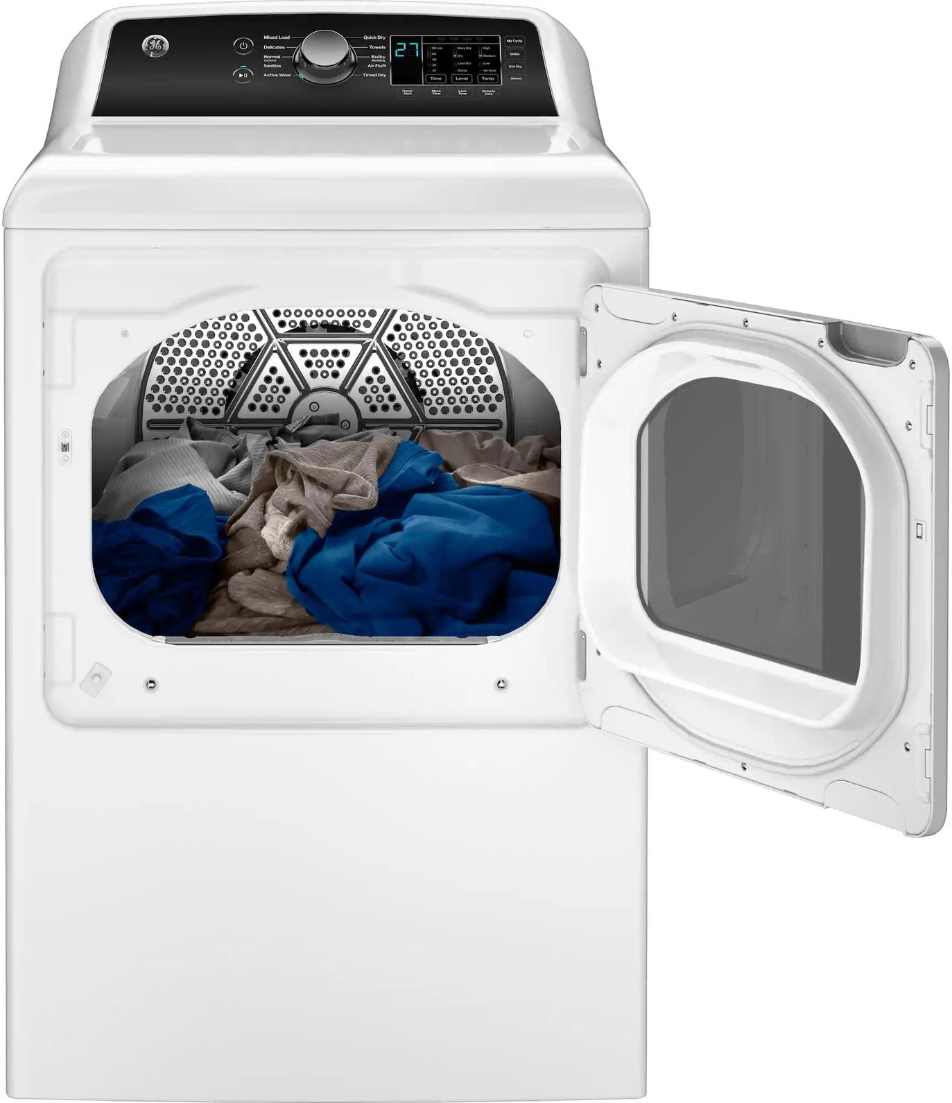 Package - GE - 4.5 Cu. Ft. Top Load Washer with Water Level Control, Deep Fill, Quick Wash, and Glass Lid and 7.4 Cu. Ft. Front Load Electric Dryer with Sensor Dry - White with Matte Black