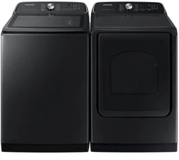 Package - Samsung - 5.5 Cu. Ft. High-Efficiency Smart Top Load Washer with Super Speed Wash - Brushed Black and 7.4 Cu. Ft. Smart Electric Dryer with Steam Sanitize+ - Black