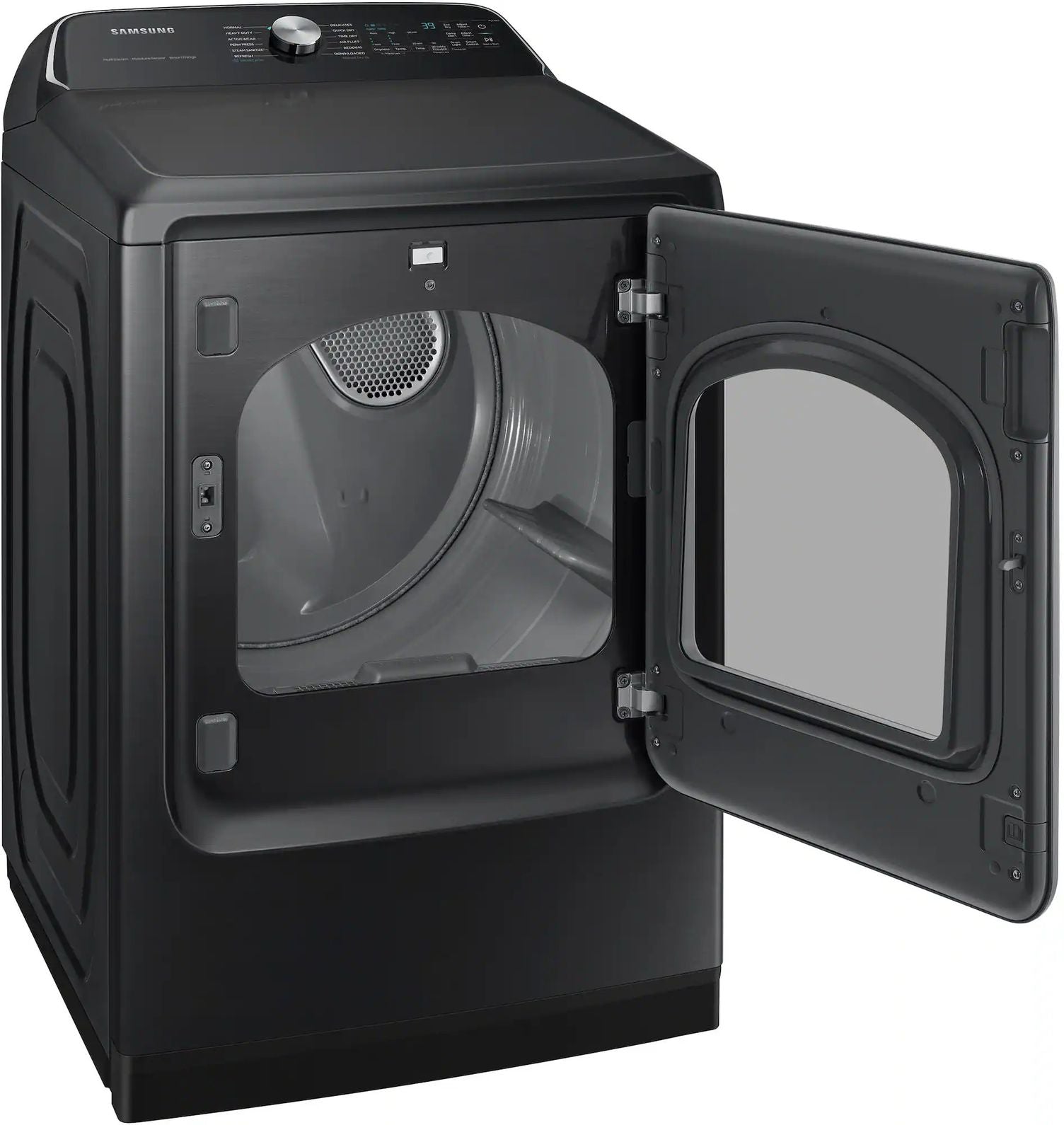 Package - Samsung - 5.5 Cu. Ft. High-Efficiency Smart Top Load Washer with Super Speed Wash - Brushed Black and 7.4 Cu. Ft. Smart Electric Dryer with Steam Sanitize+ - Black