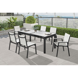 Meridian Nizuc White Wood Look Accent Paneling Outdoor Patio Aluminum Dining Table