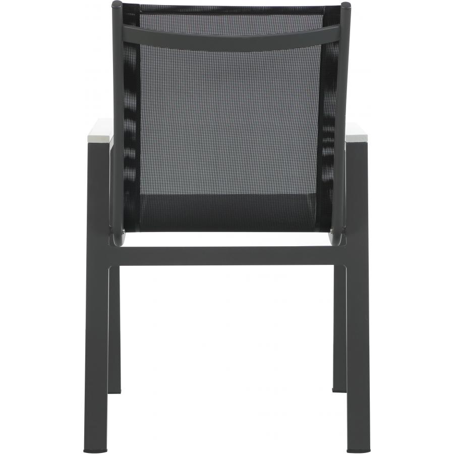 Meridian Nizuc Black Mesh Water Resistant Fabric Outdoor Patio Aluminum Mesh Dining Arm Chair