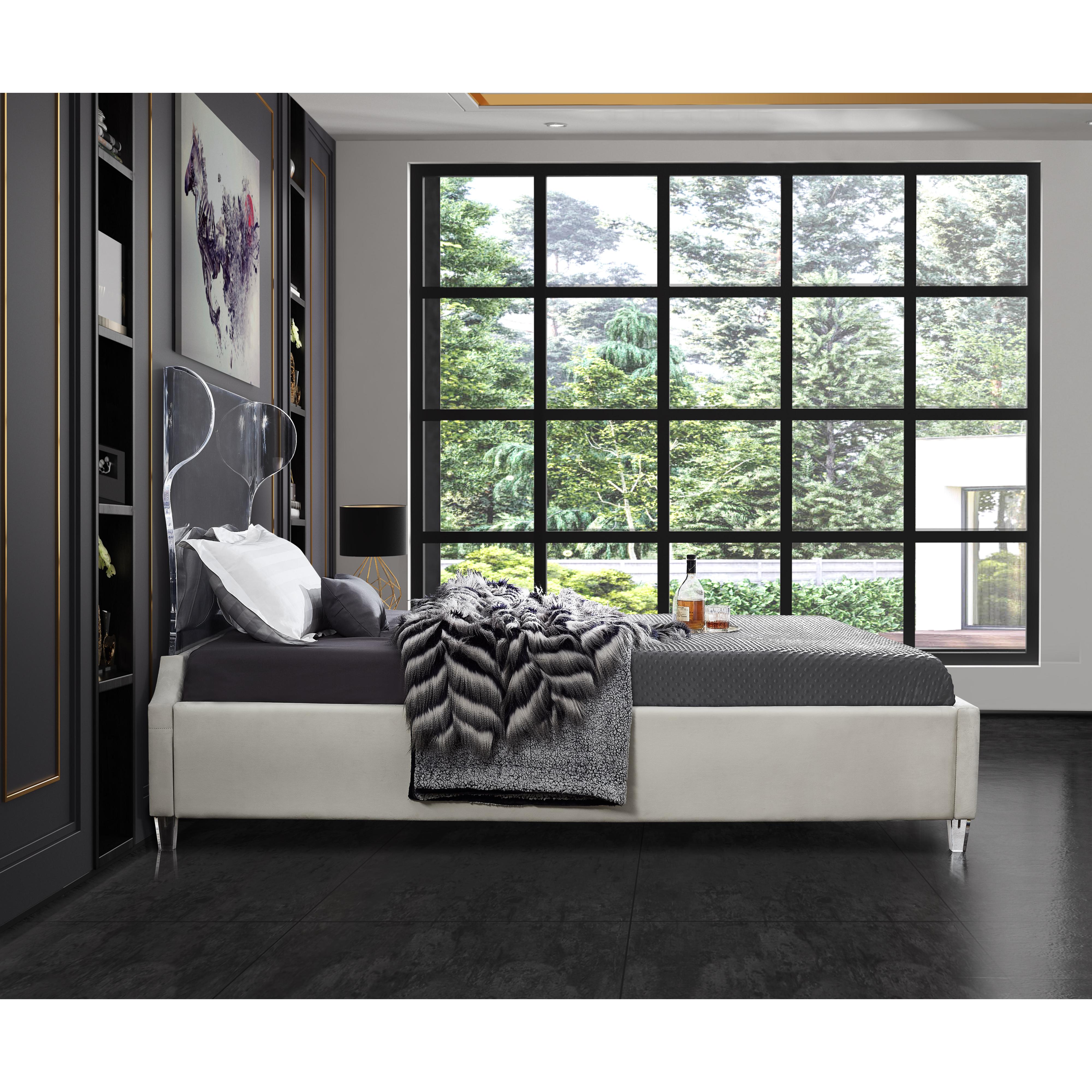 Meridian Ghost Cream Velvet Queen Bed