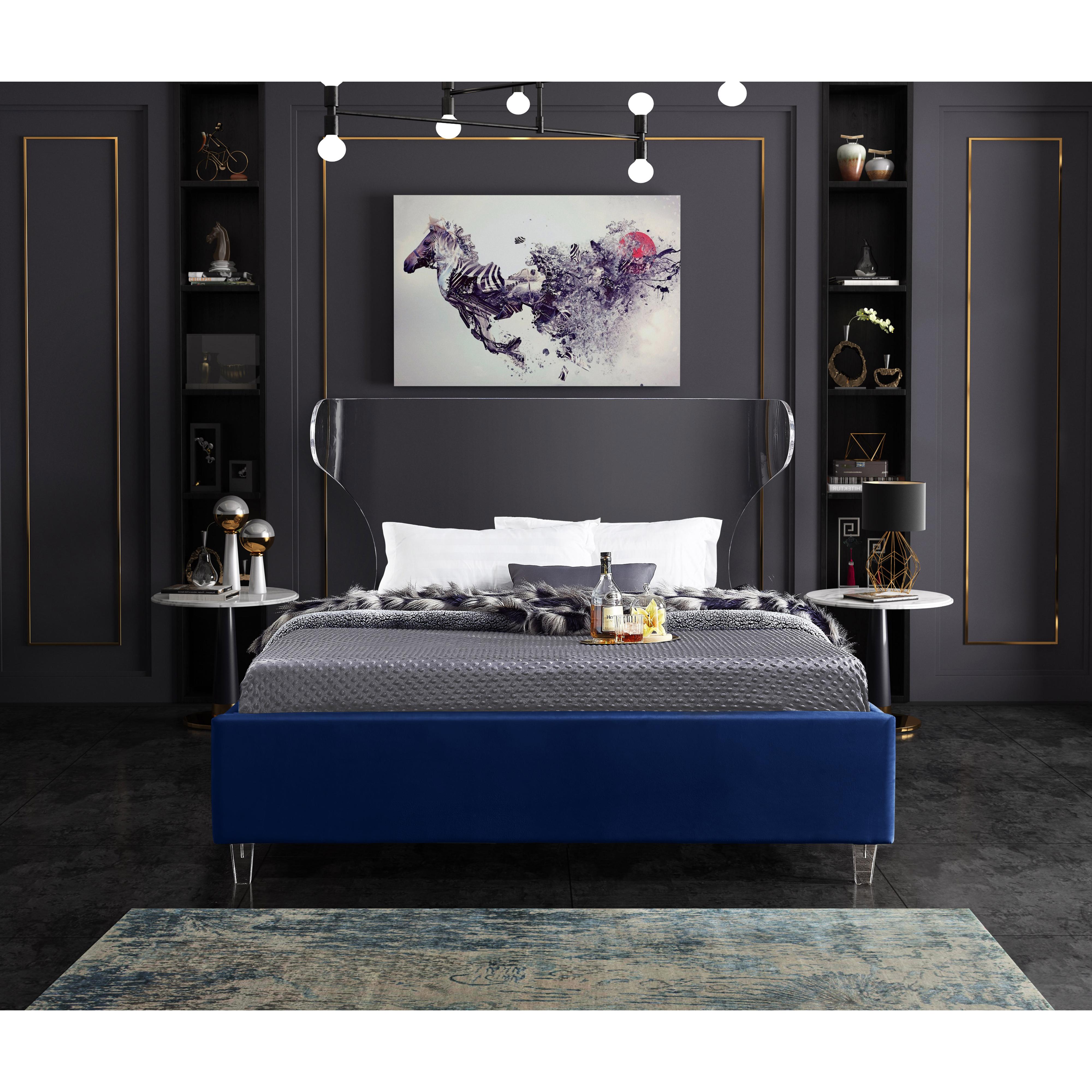 Meridian Ghost Navy Velvet Queen Bed