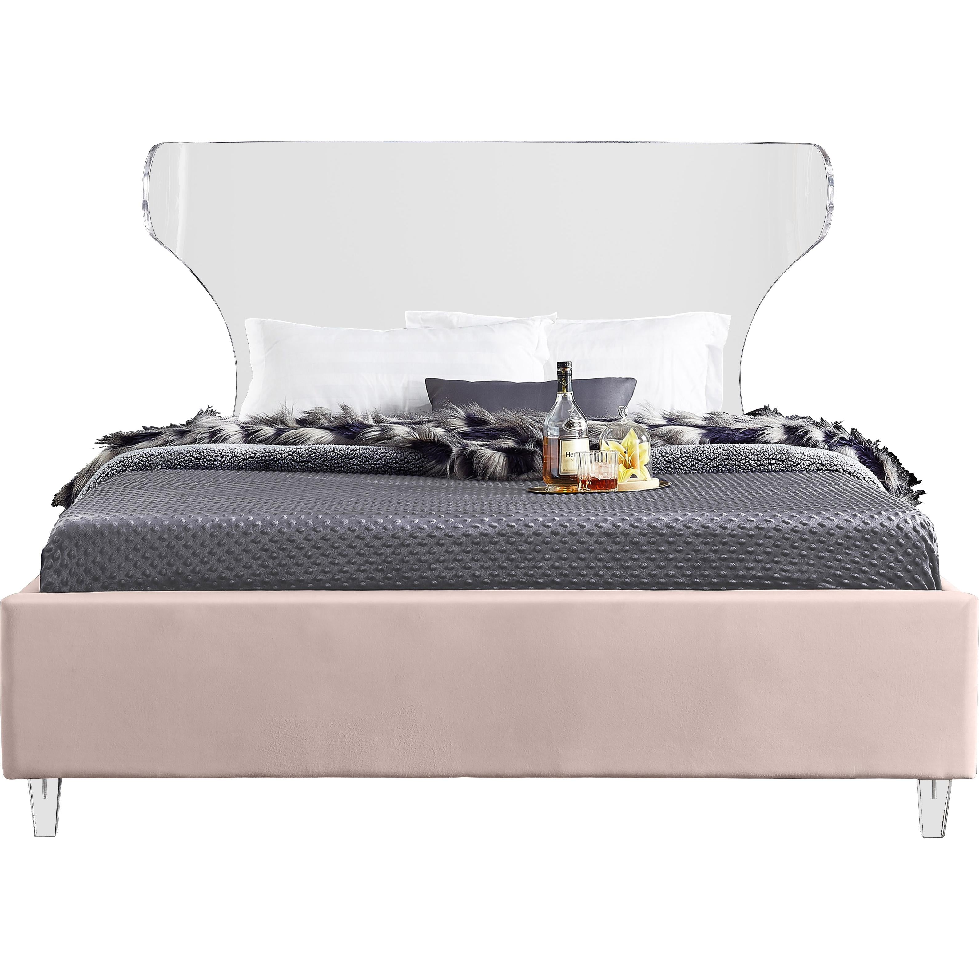 Meridian Ghost Pink Velvet Queen Bed