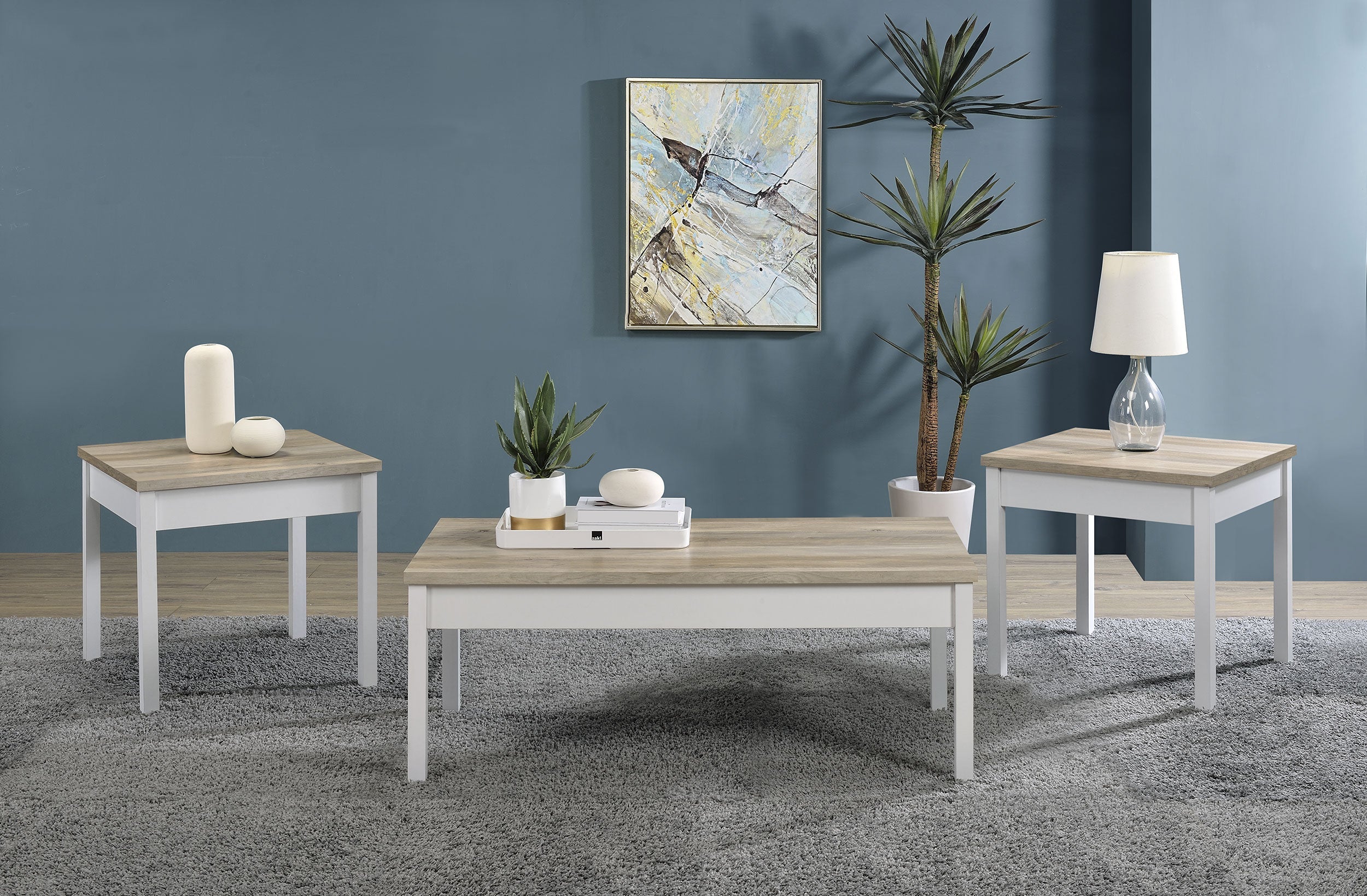 Stacie Coffee Table Set Distressed Pine and White