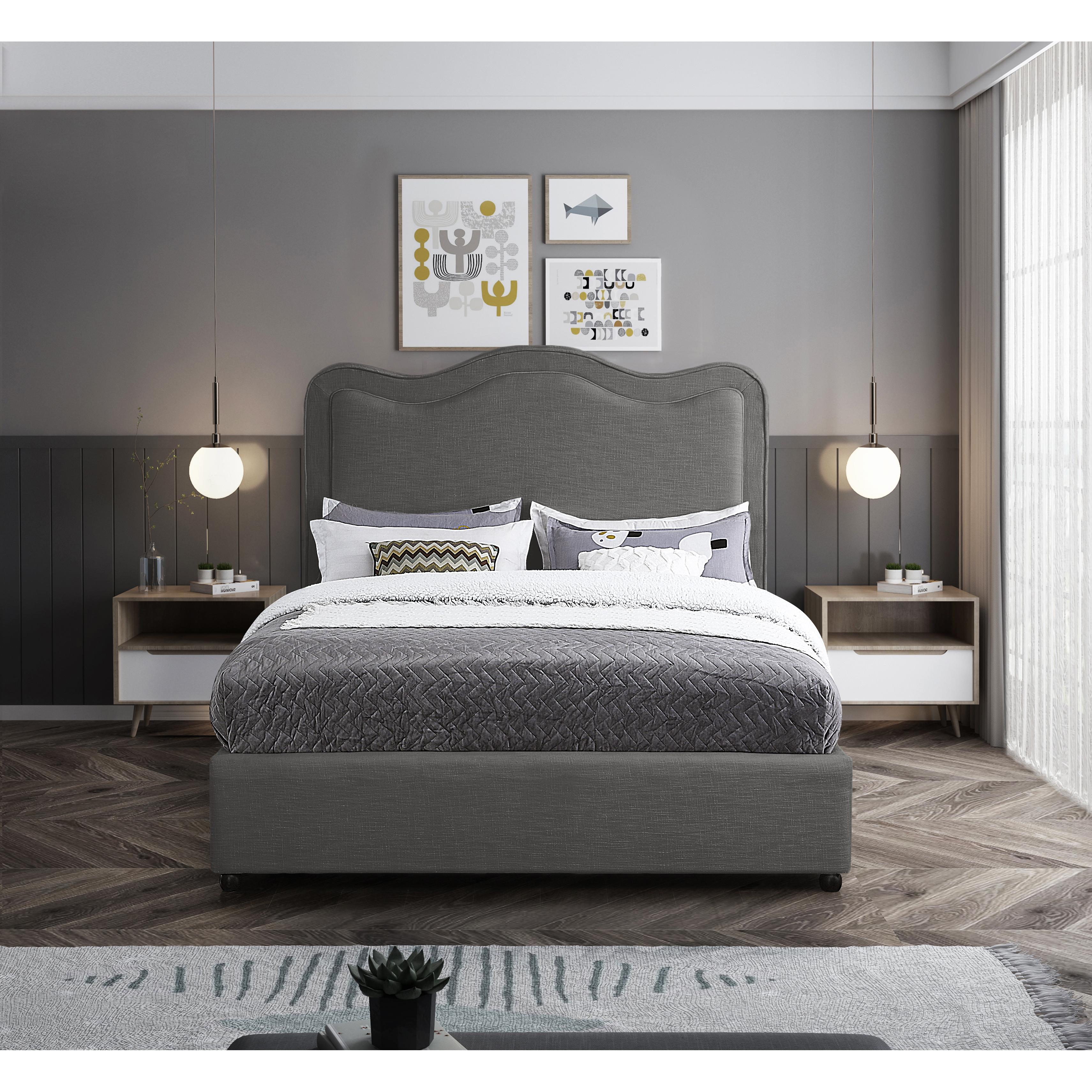 Meridian Felix Grey Linen Textured Fabric King Bed
