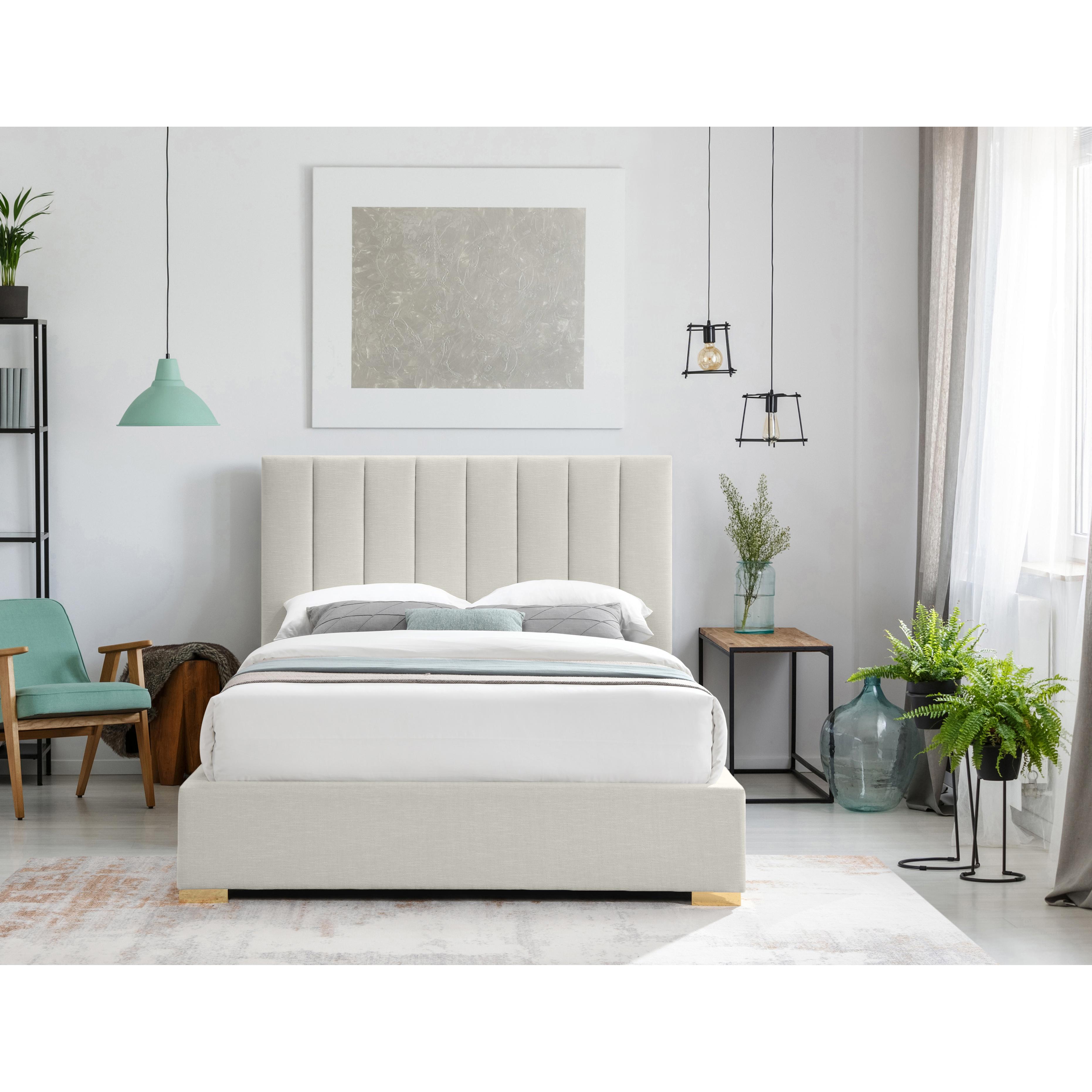 Meridian Pierce Beige Linen Textured Fabric King Bed