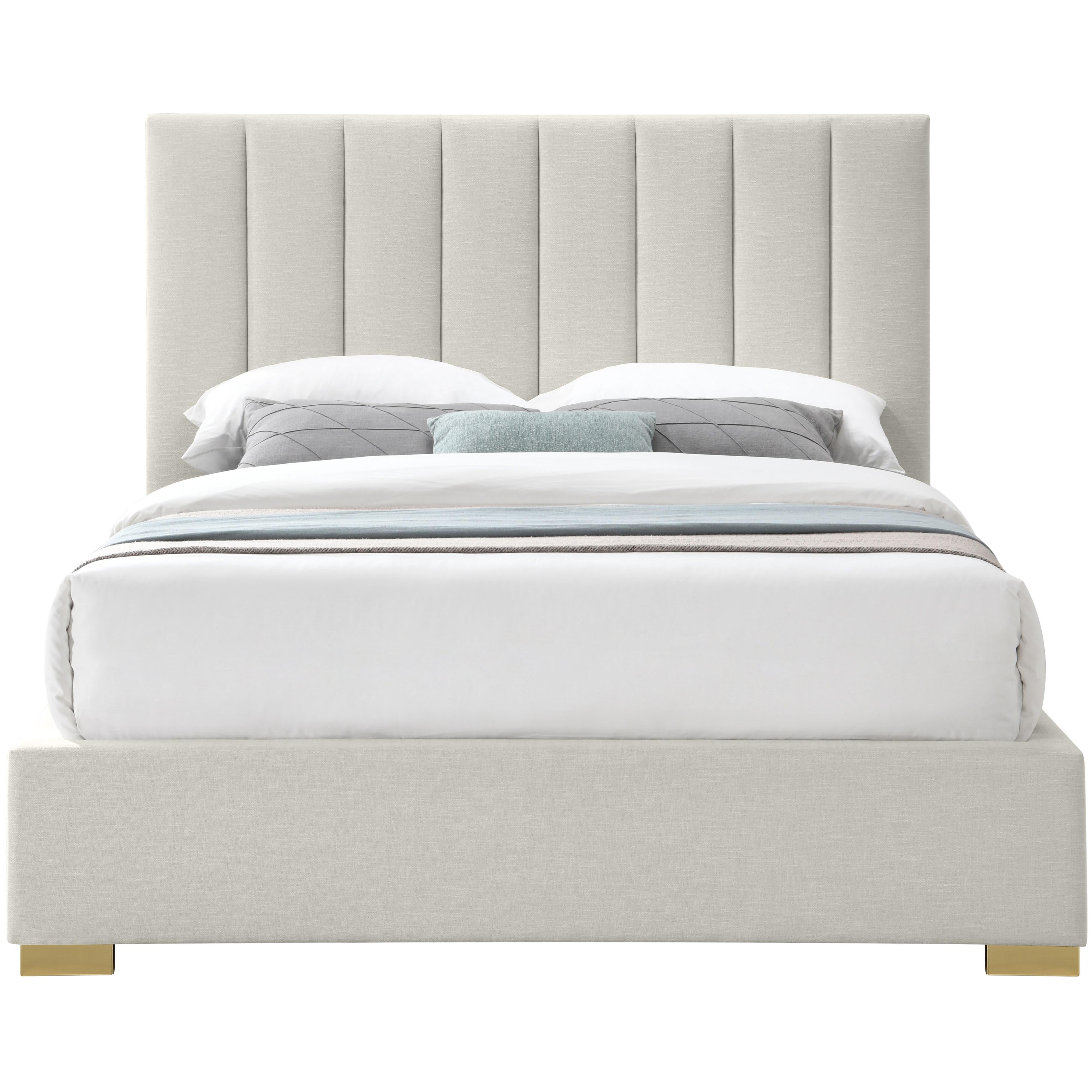 Meridian Pierce Beige Linen Textured Fabric Queen Bed