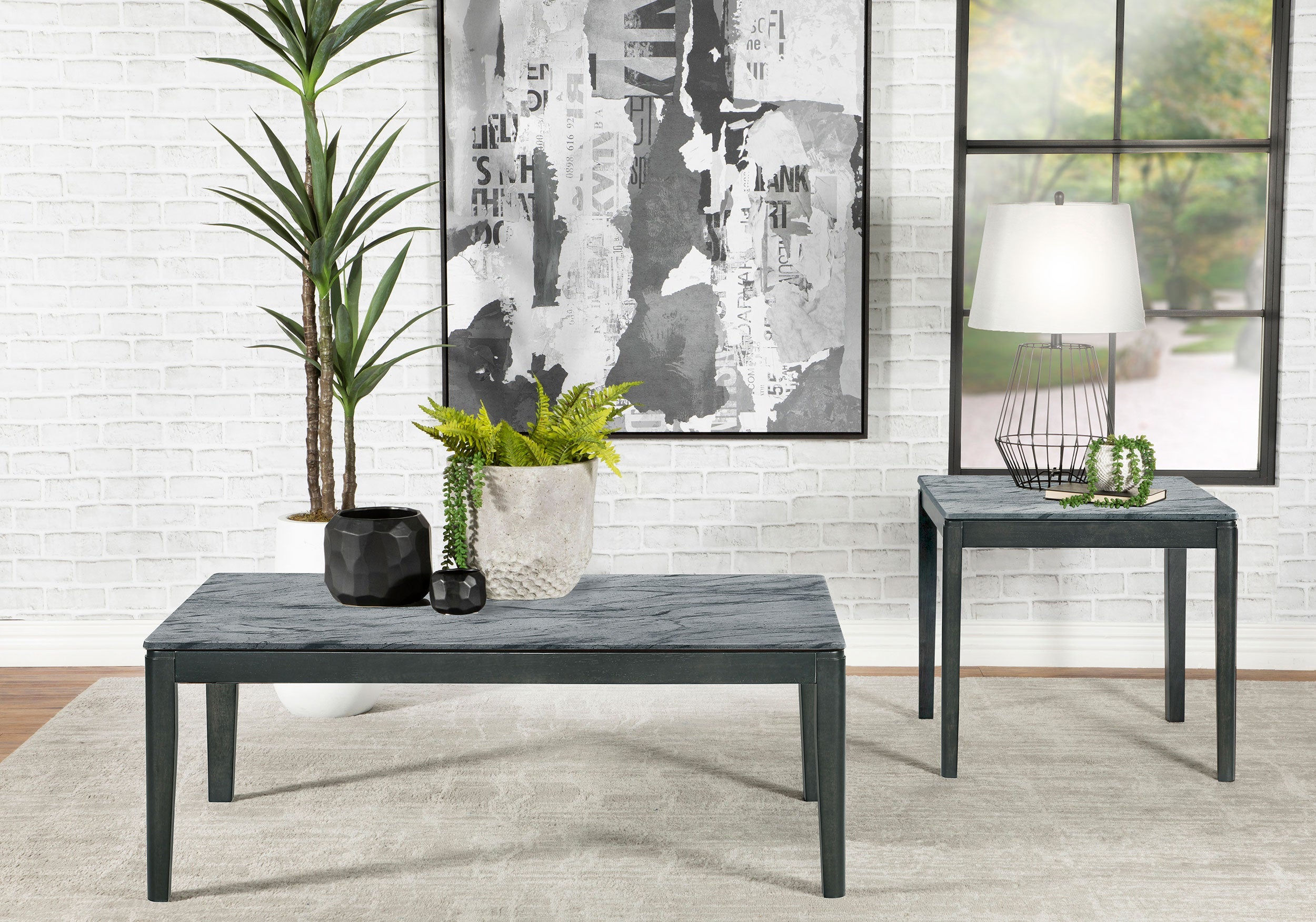 Mozzi Coffee and End Table Set Grey Faux Marble
