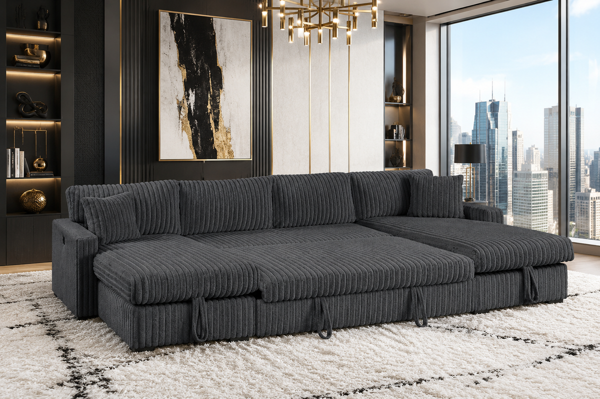 July Charcoal Double Storage Chaise Sectional (w/ Pull Out Bed) **NEW ARRIVAL**