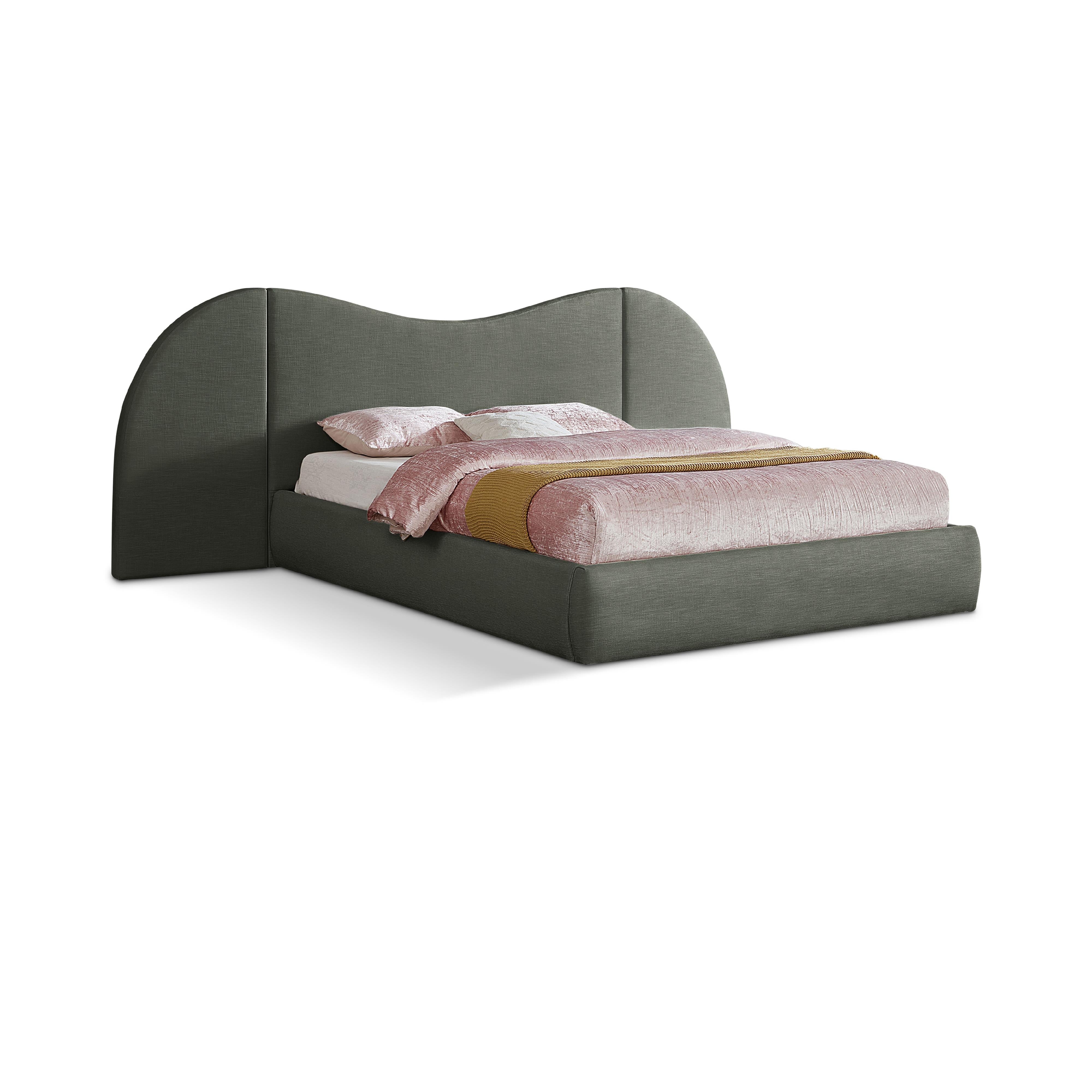 Meridian Everest Olive Green Linen Textured Fabric King Bed (3 Boxes)