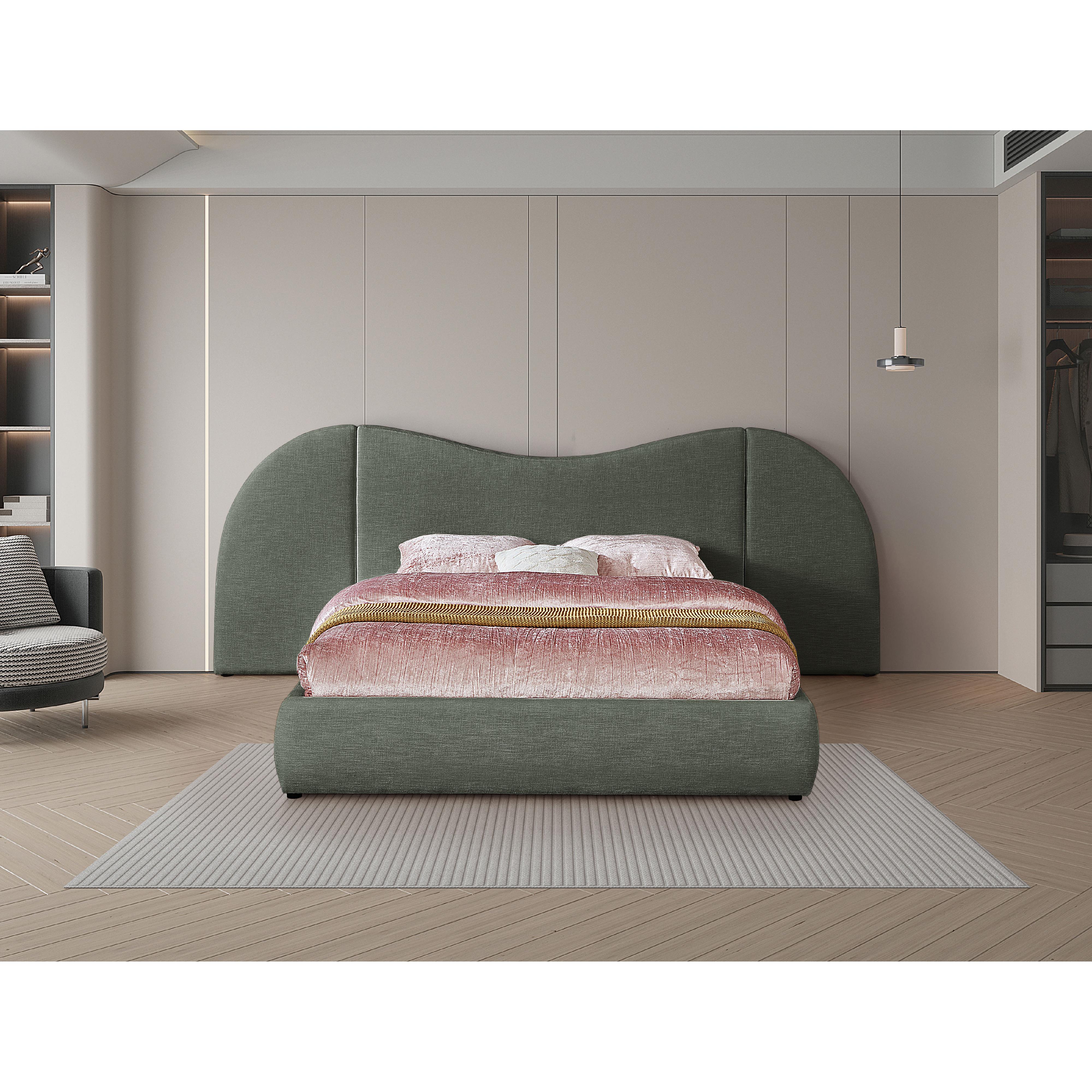 Meridian Everest Olive Green Linen Textured Fabric King Bed (3 Boxes)