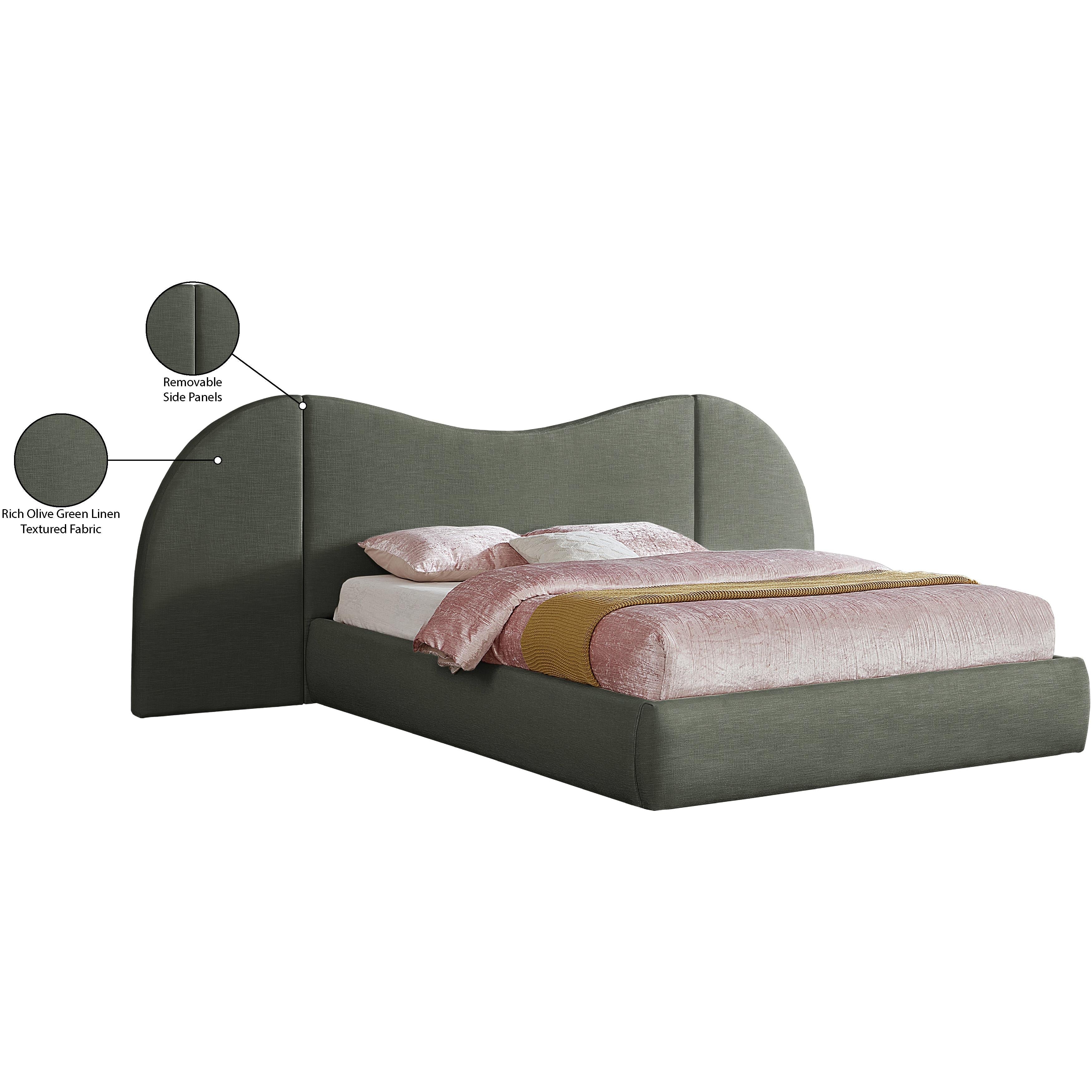 Meridian Everest Olive Green Linen Textured Fabric King Bed (3 Boxes)
