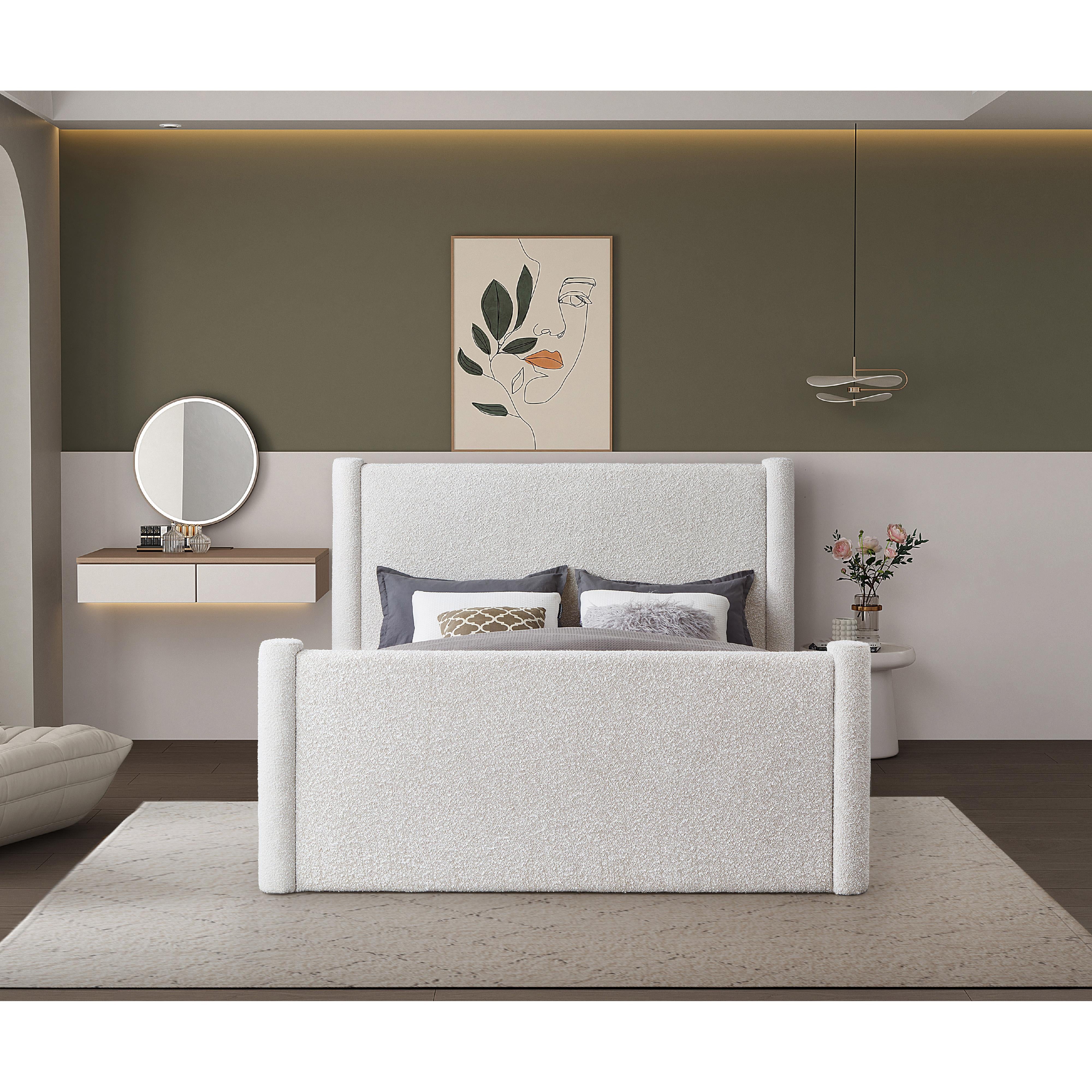 Meridian Elias Cream Boucle Fabric Full Bed