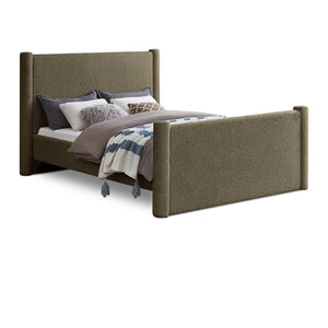 Meridian Elias Olive Green Boucle Fabric Queen Bed