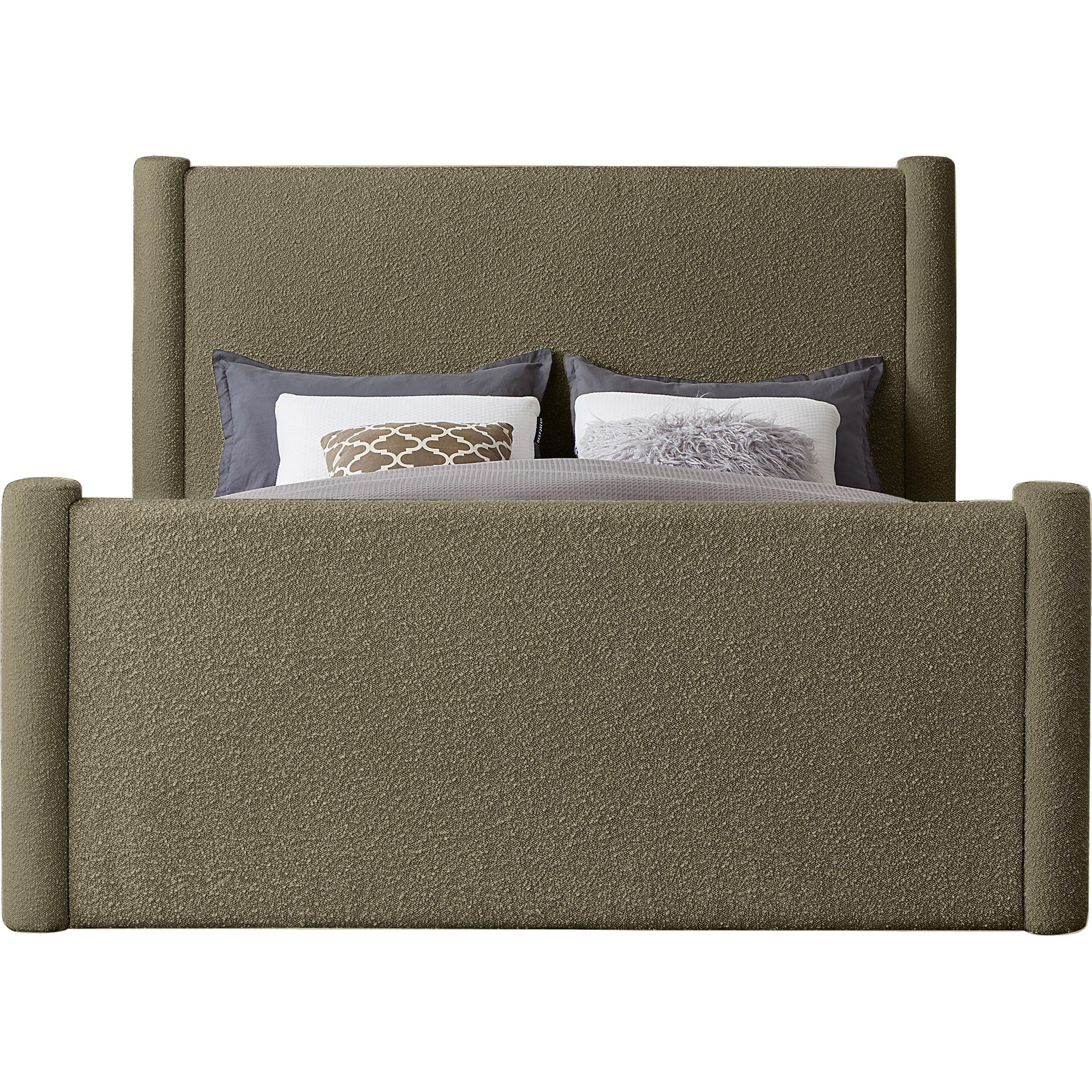 Meridian Elias Olive Green Boucle Fabric Queen Bed