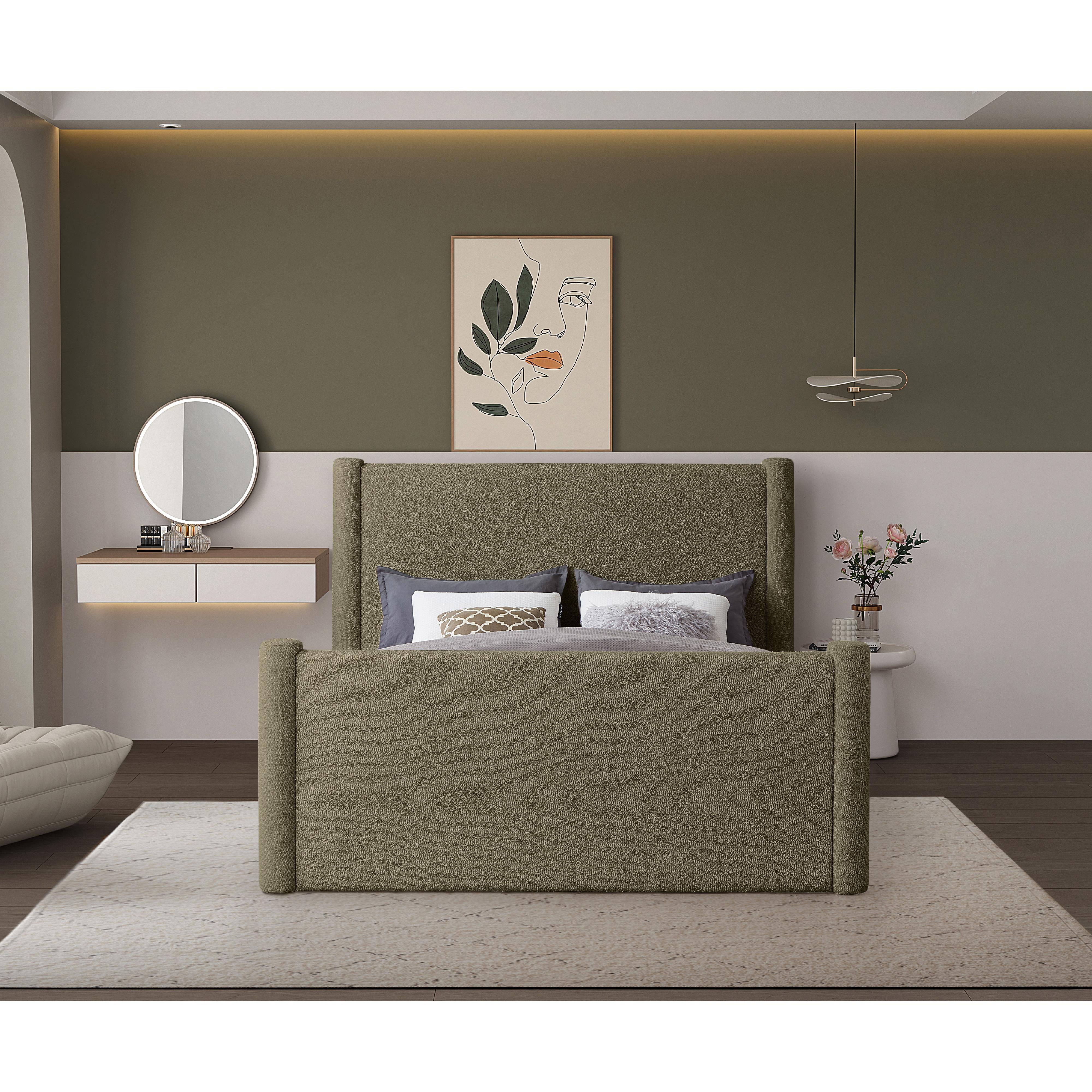 Meridian Elias Olive Green Boucle Fabric Queen Bed