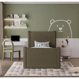 Meridian Elias Olive Green Boucle Fabric Twin Bed