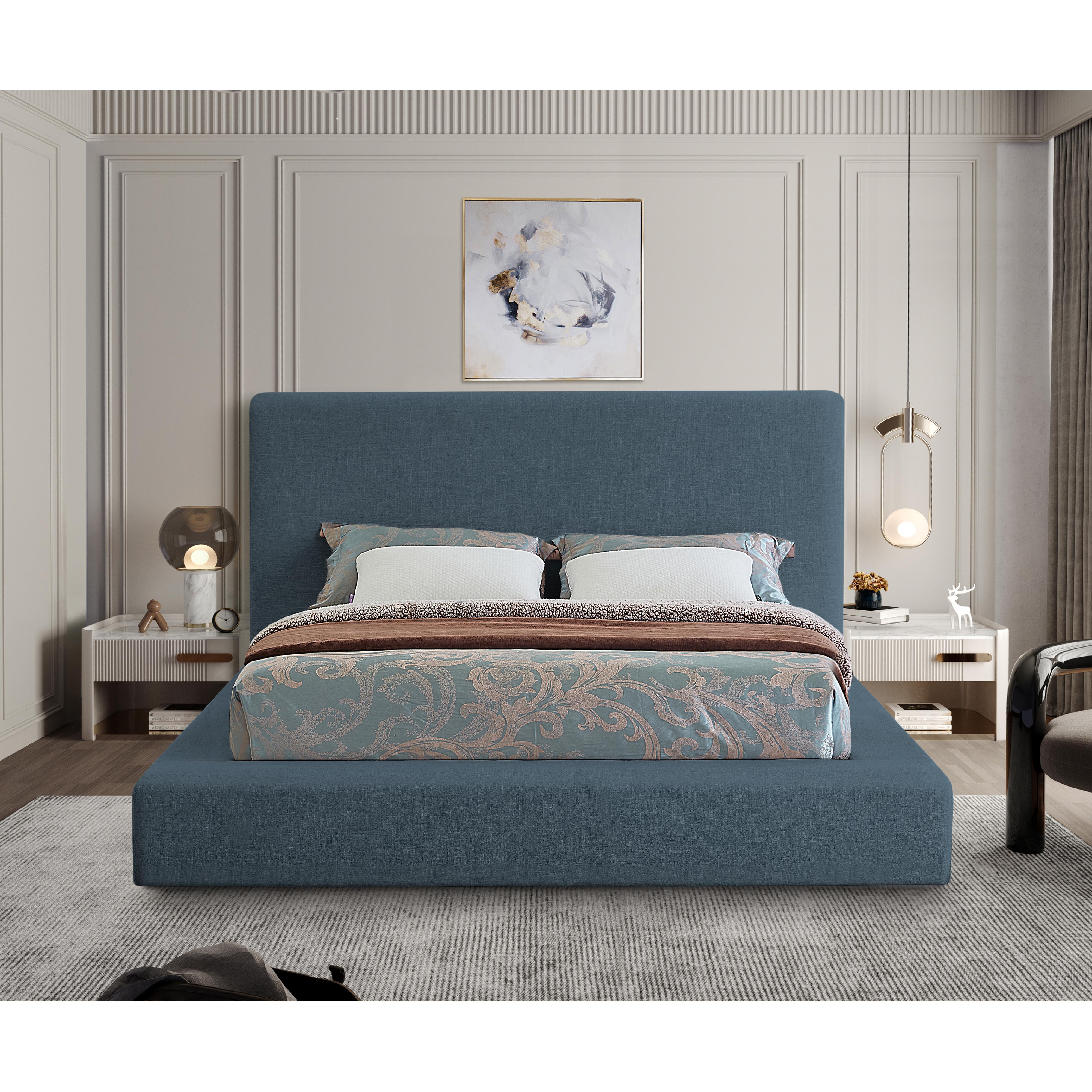 Meridian Devin Navy Linen Textured Fabric Queen Bed
