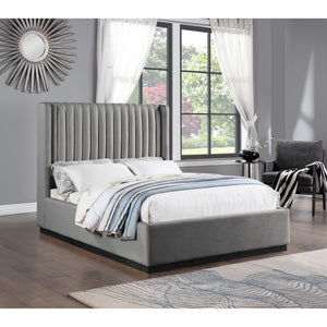 Meridian Logan Grey Linen Textured Fabric Queen Bed