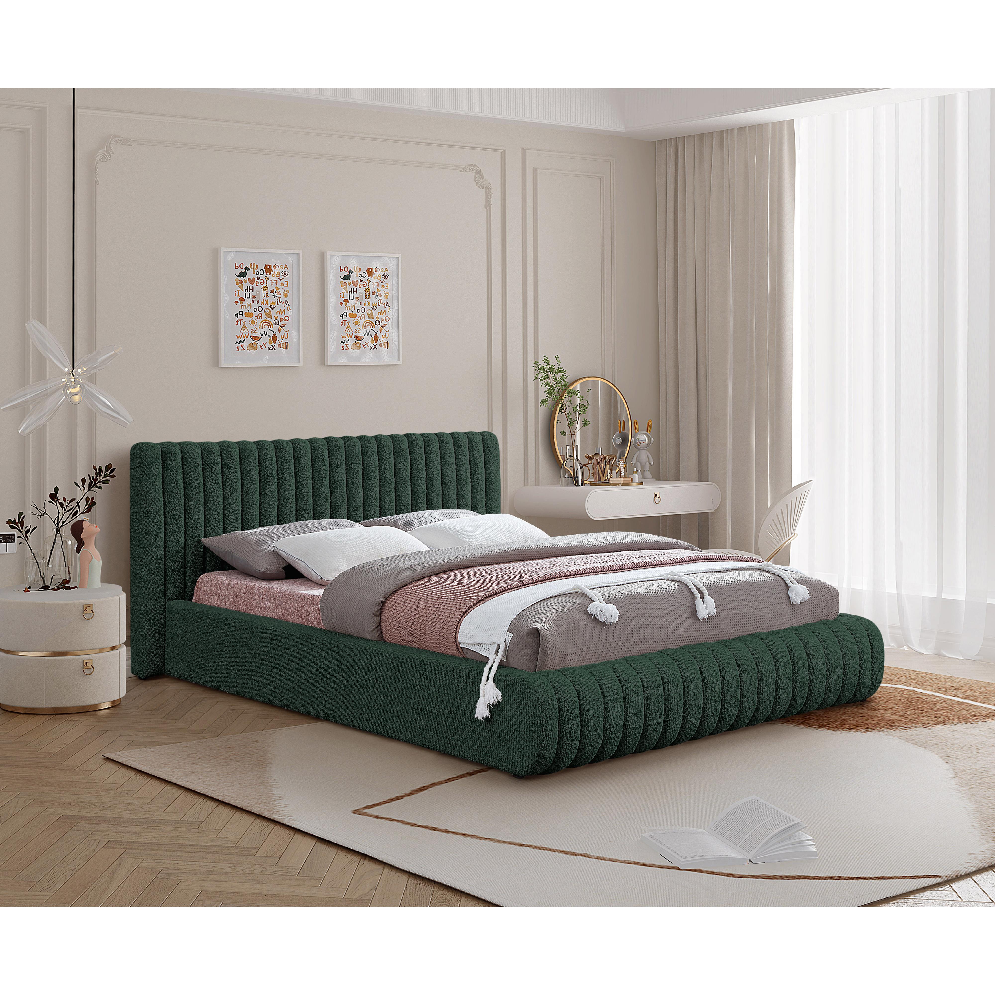 Meridian Nash Green Boucle Fabric Queen Bed